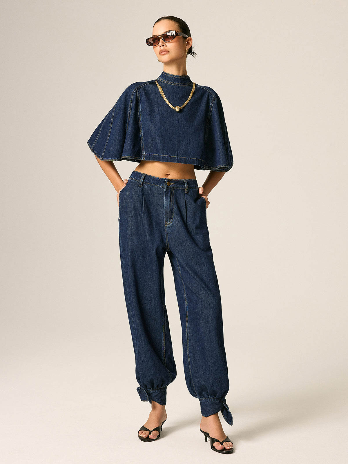 Cape Sleeve Back Zipper Cropped Denim Top Women's Fashion Blouse