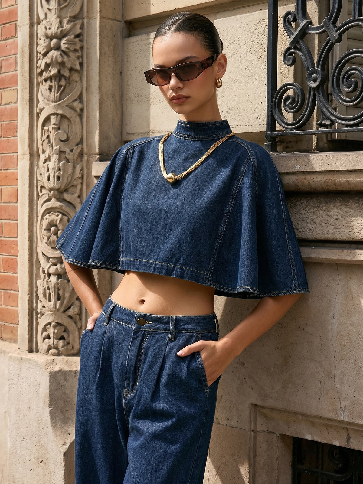 Cape Sleeve Back Zipper Cropped Denim Top Women's Fashion Blouse