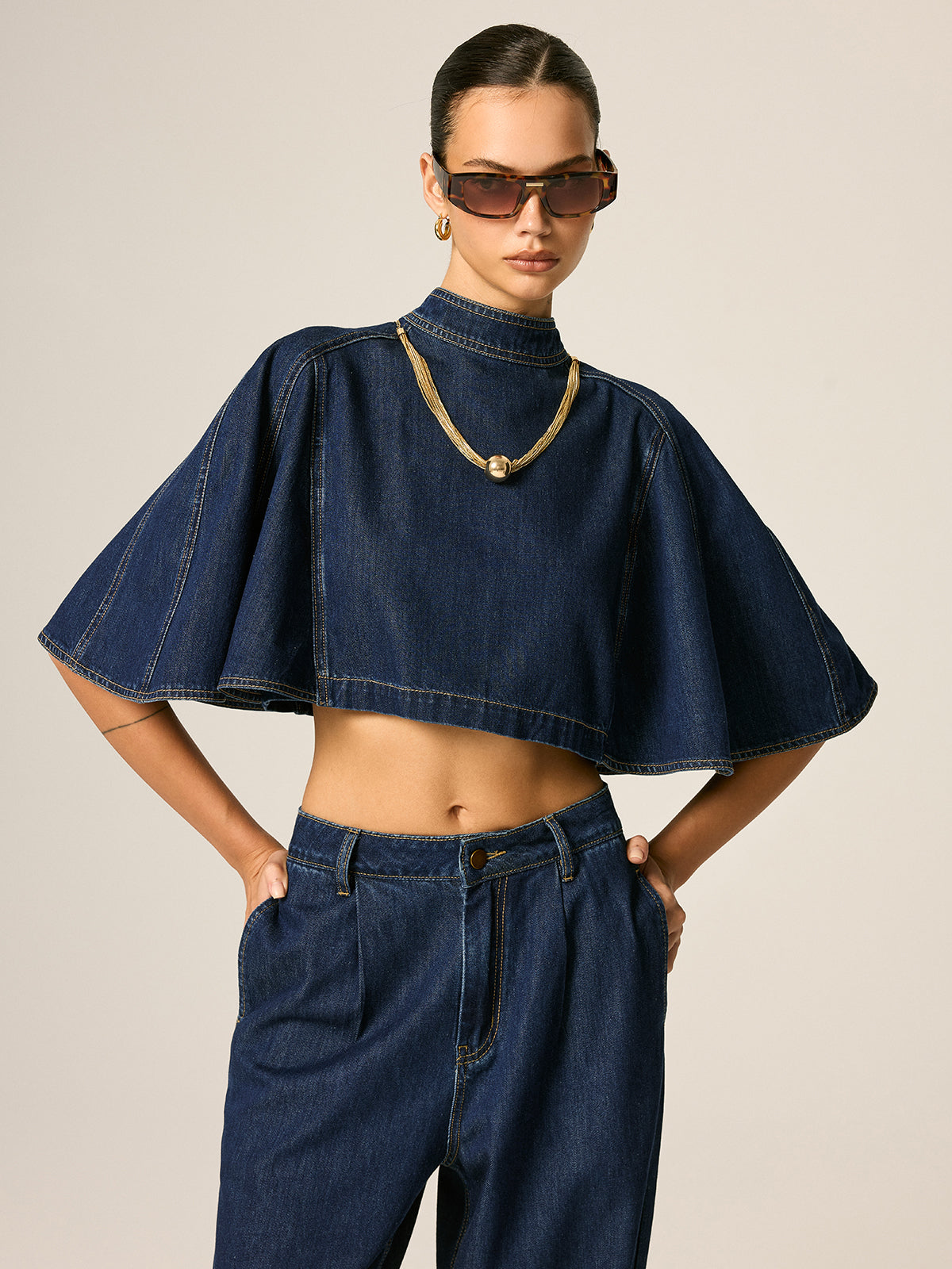 Cape Sleeve Back Zipper Cropped Denim Top Women's Fashion Blouse
