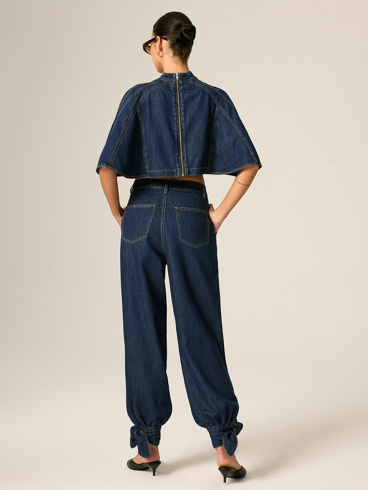 Cape Sleeve Back Zipper Cropped Denim Top Women's Fashion Blouse