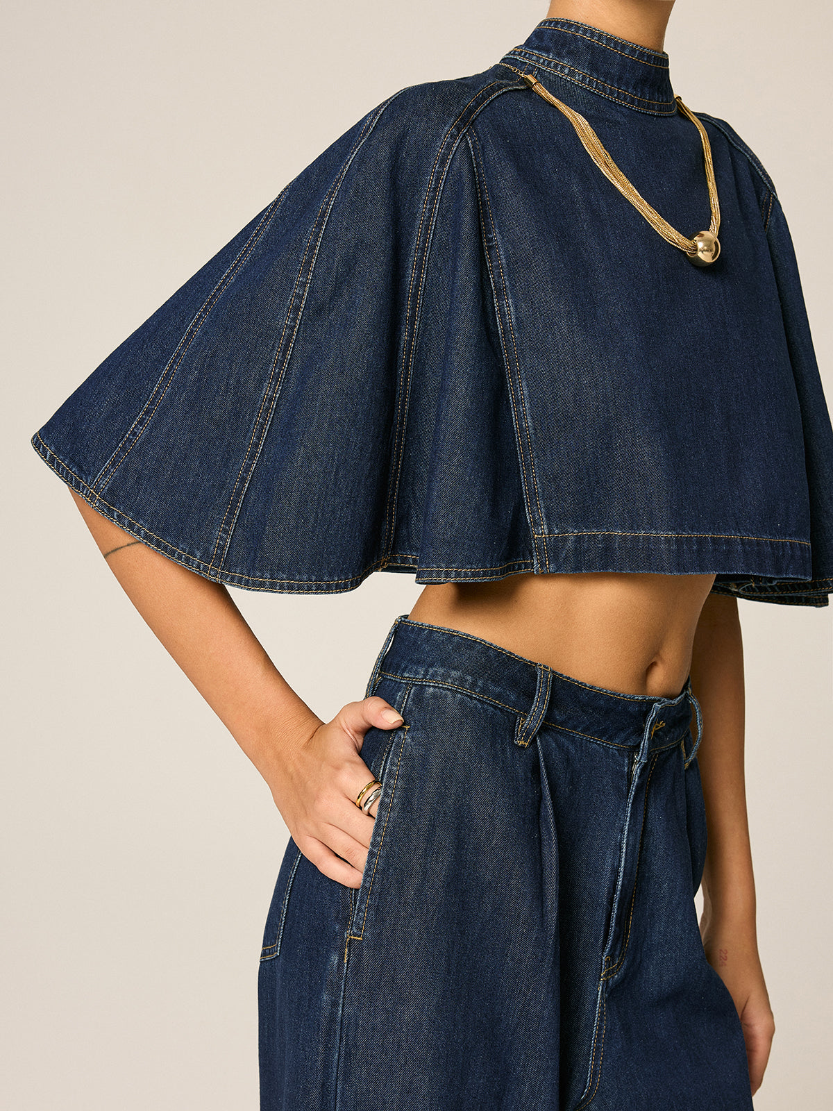 Cape Sleeve Back Zipper Cropped Denim Top Women's Fashion Blouse
