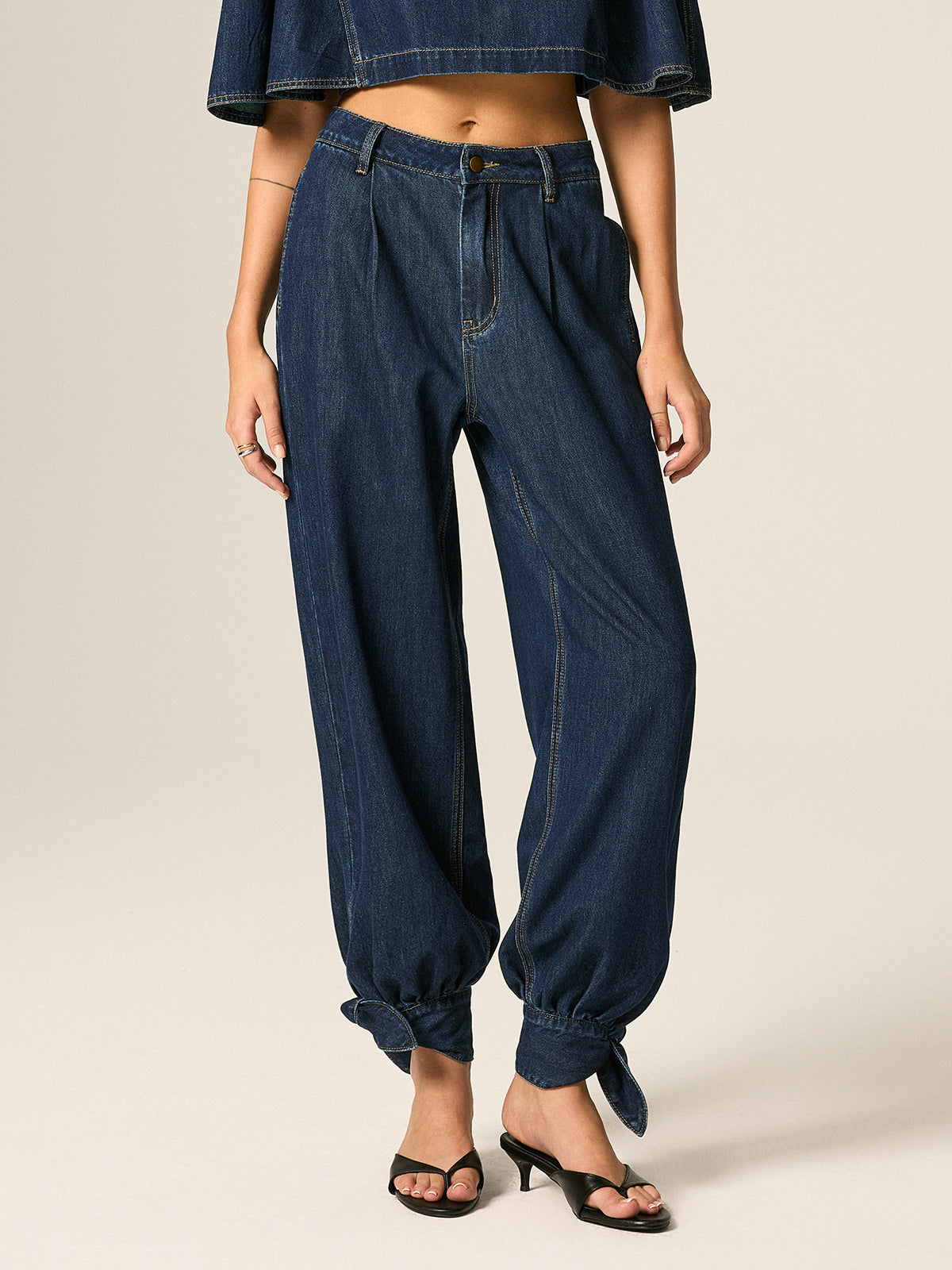 Mid Waist Tie Cuff Denim Pants for Women Casual Stretch Fit