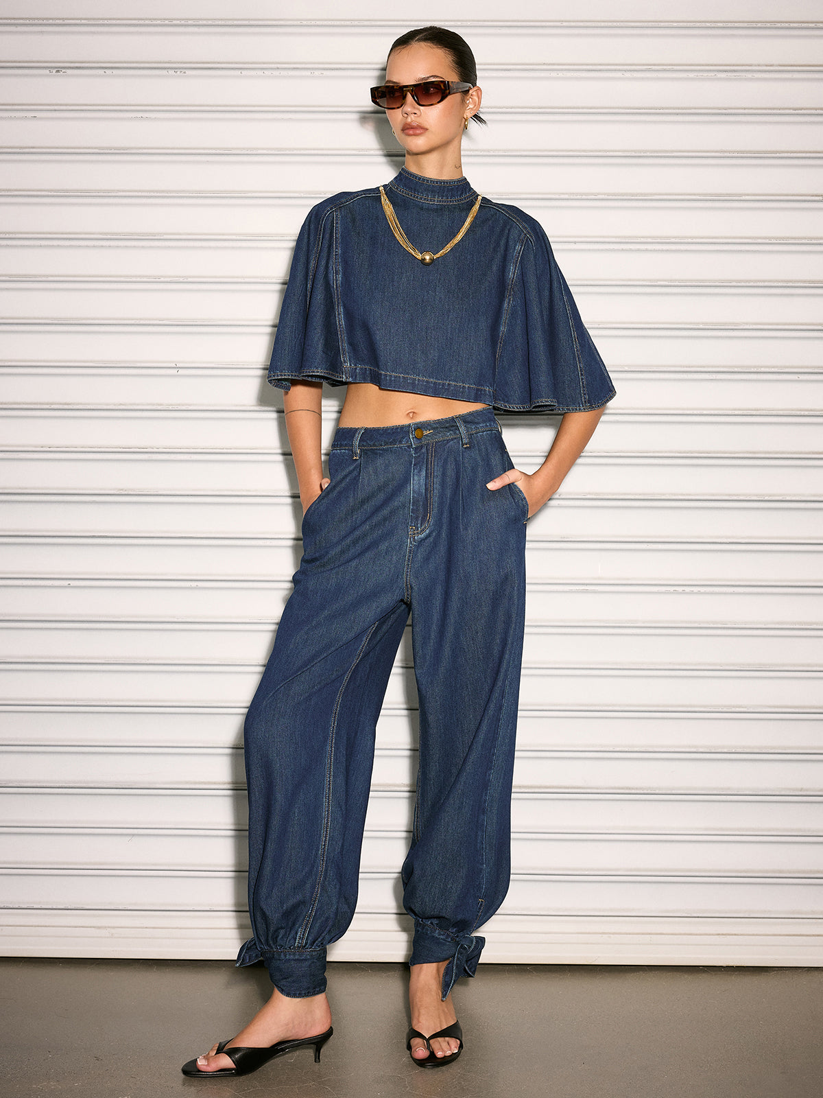 Mid Waist Tie Cuff Denim Pants for Women Casual Stretch Fit