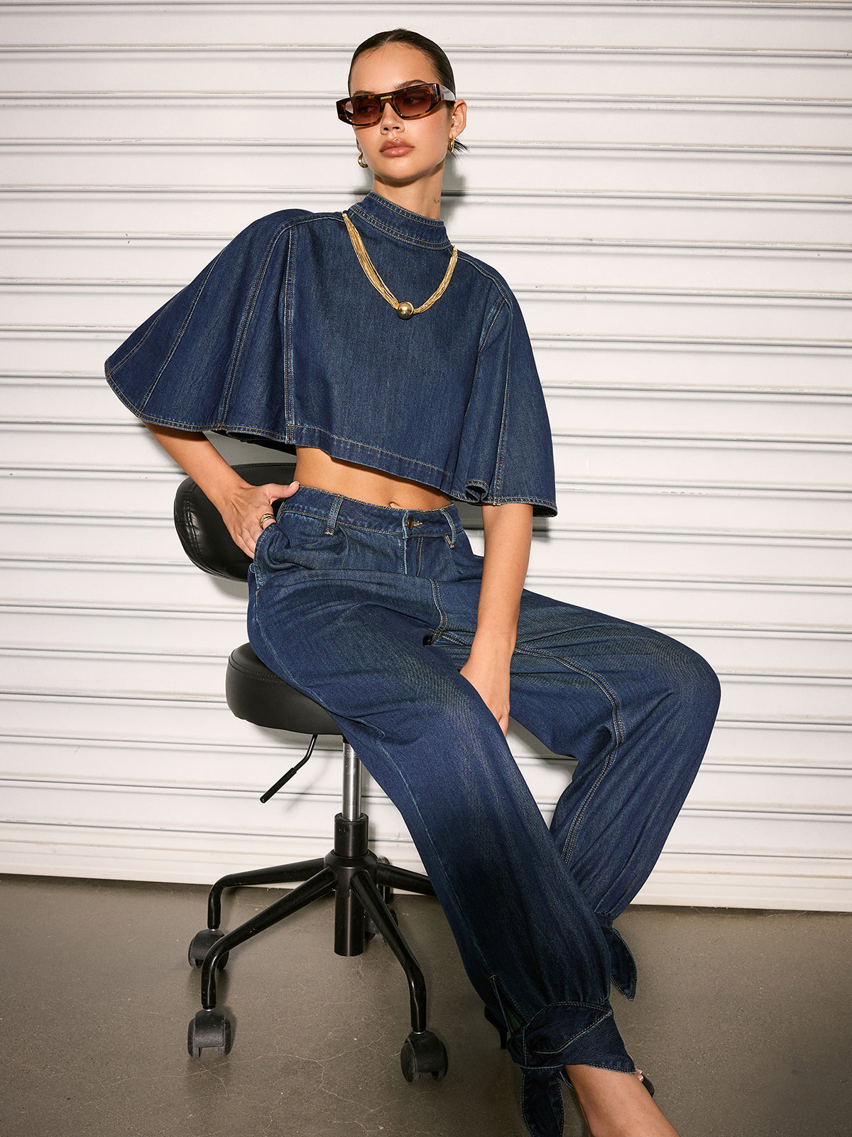 Mid Waist Tie Cuff Denim Pants for Women Casual Stretch Fit