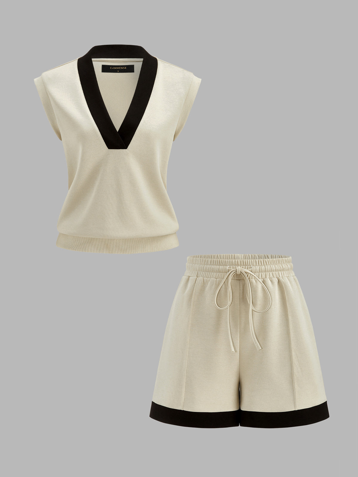 Contrast Trim V-Neck Top & Drawstring Shorts Set with Casual Style