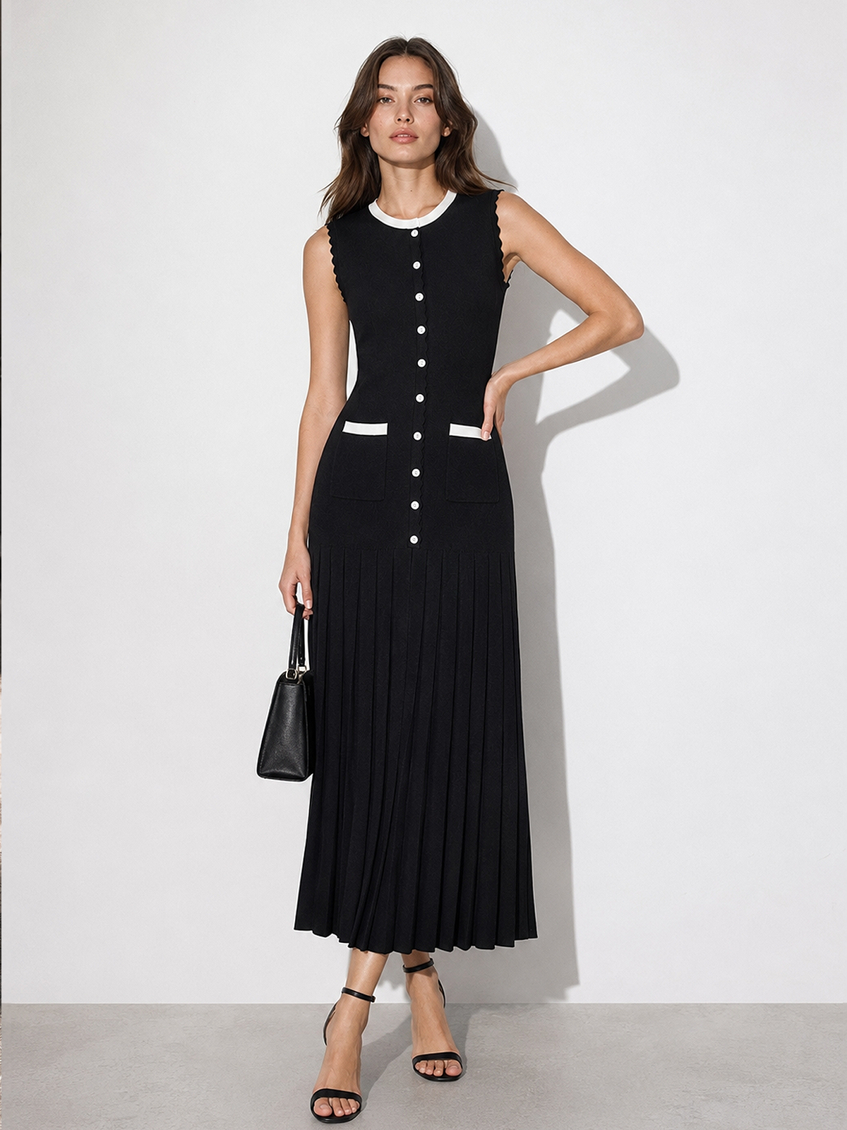 Scalloped Edge Pleated Knit Maxi Dress Elegant Flowy Evening Wear