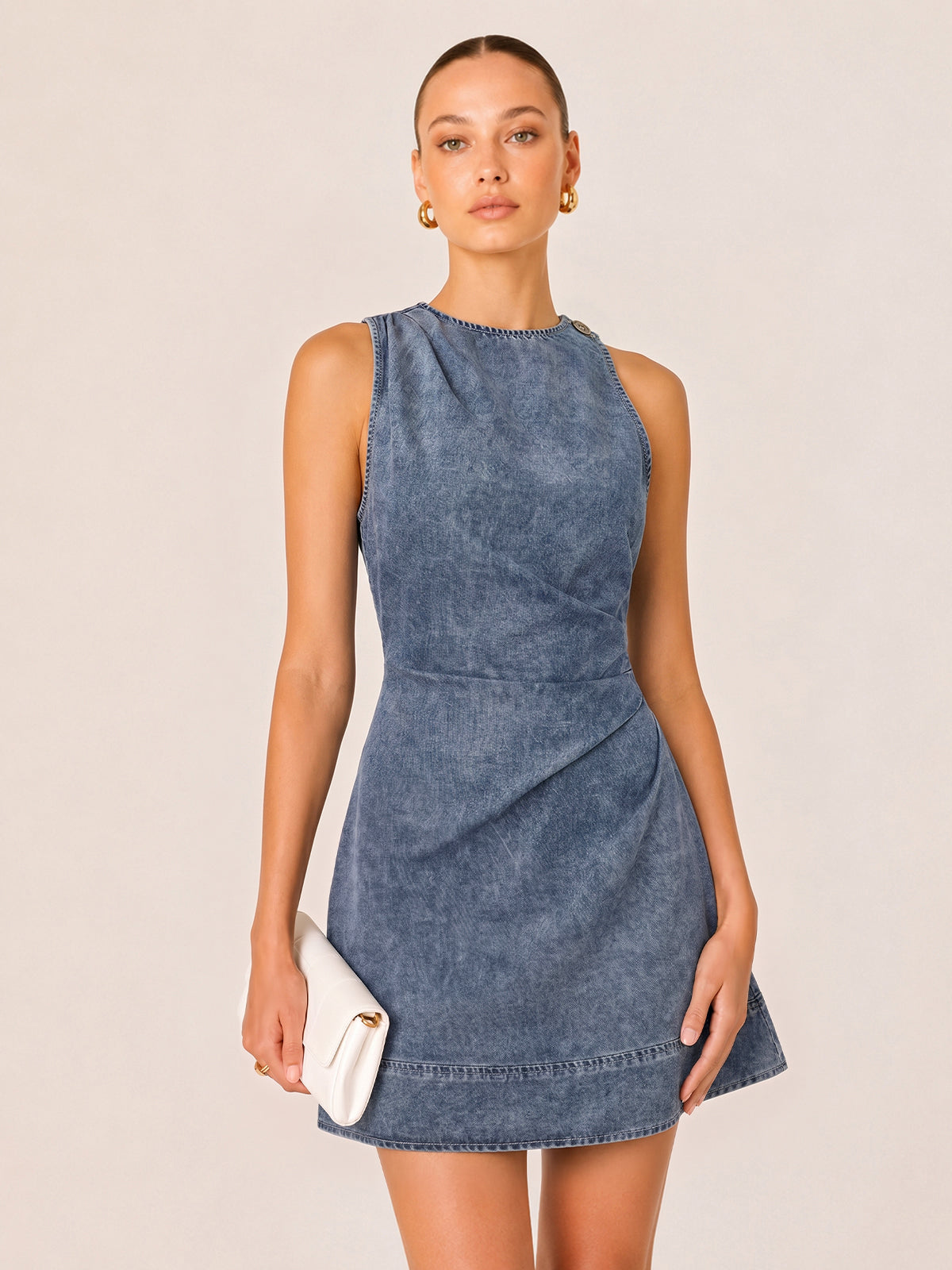 Ruched Sleeveless Asymmetric Denim Mini Dress Women's Fashion Trend