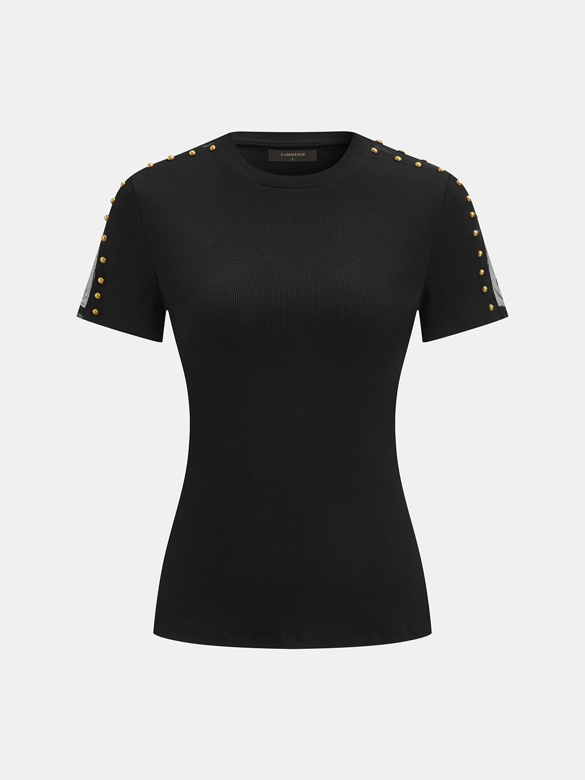 Studded Mesh Ribbed Short Sleeve T-Shirt Trendy Casual Streetwear