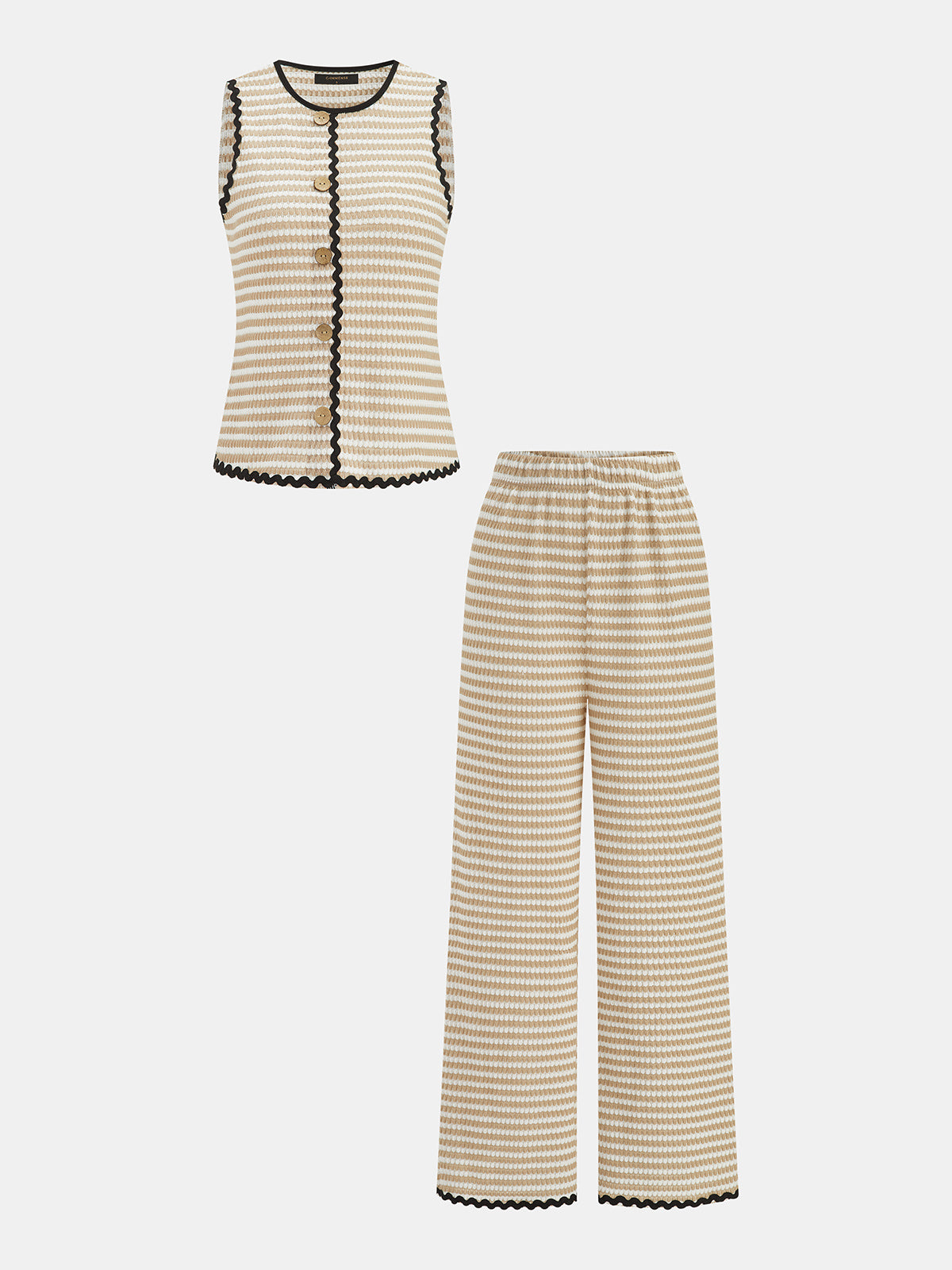 Wavy Trim Striped Two Piece Pants Set with Trendy High Waist Design