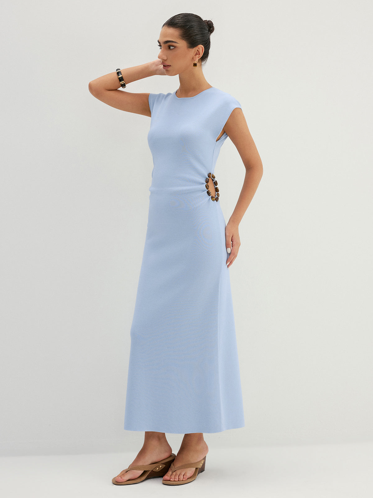 Side Bead Cutout Sleeveless Knit Midi Dress for Women Casual Summer