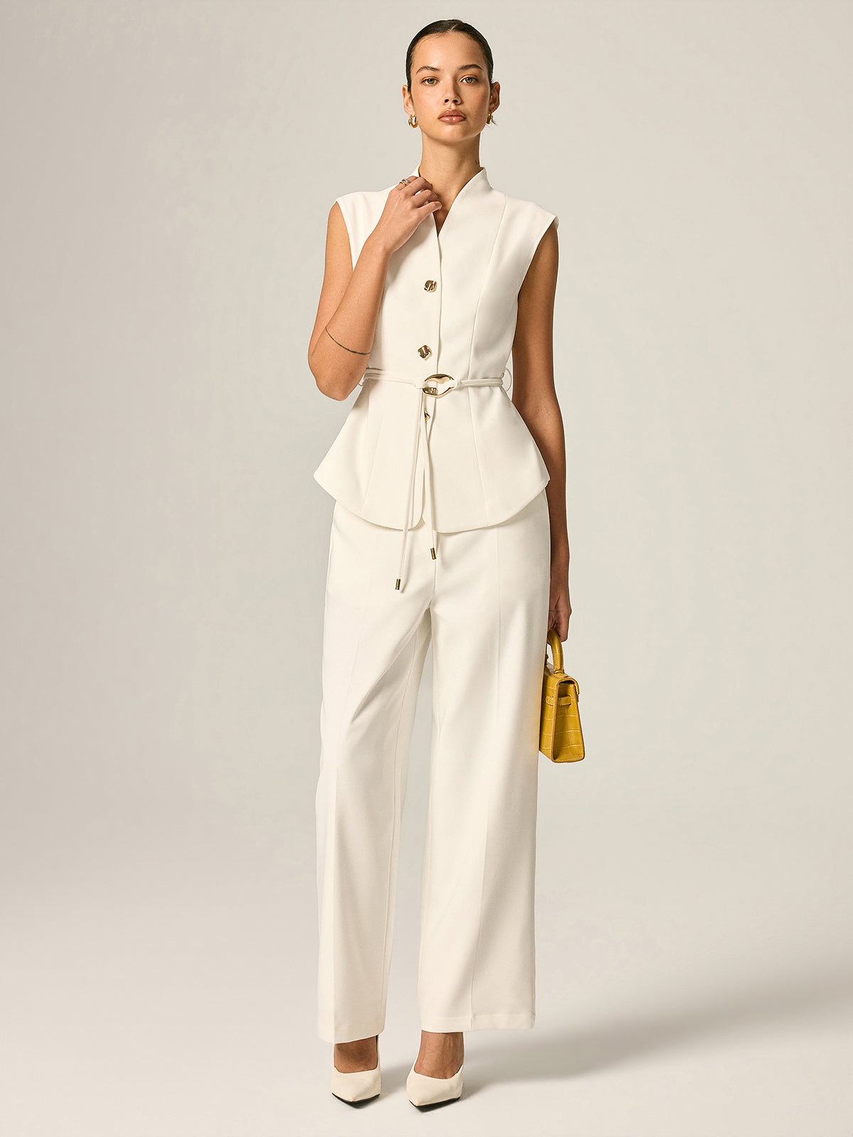 Stand Collar Belted Vest & Pants Set for Women - Stylish Office Wear