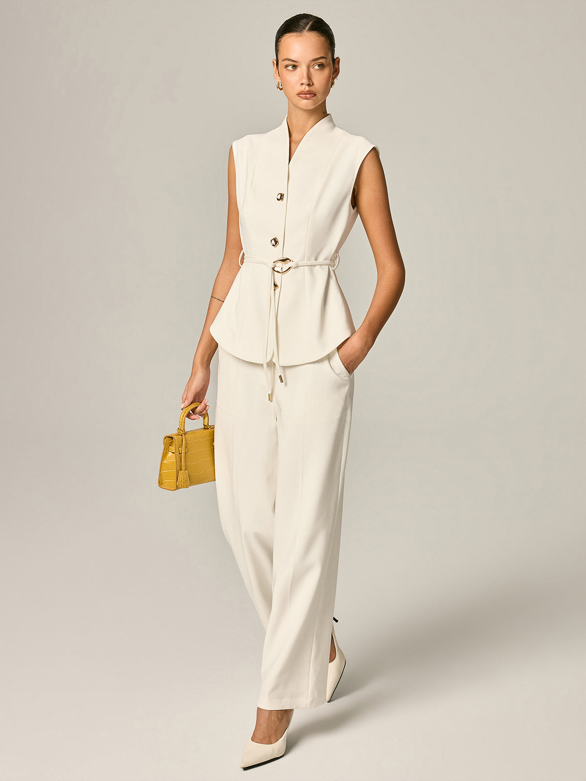 Stand Collar Belted Vest & Pants Set for Women - Stylish Office Wear