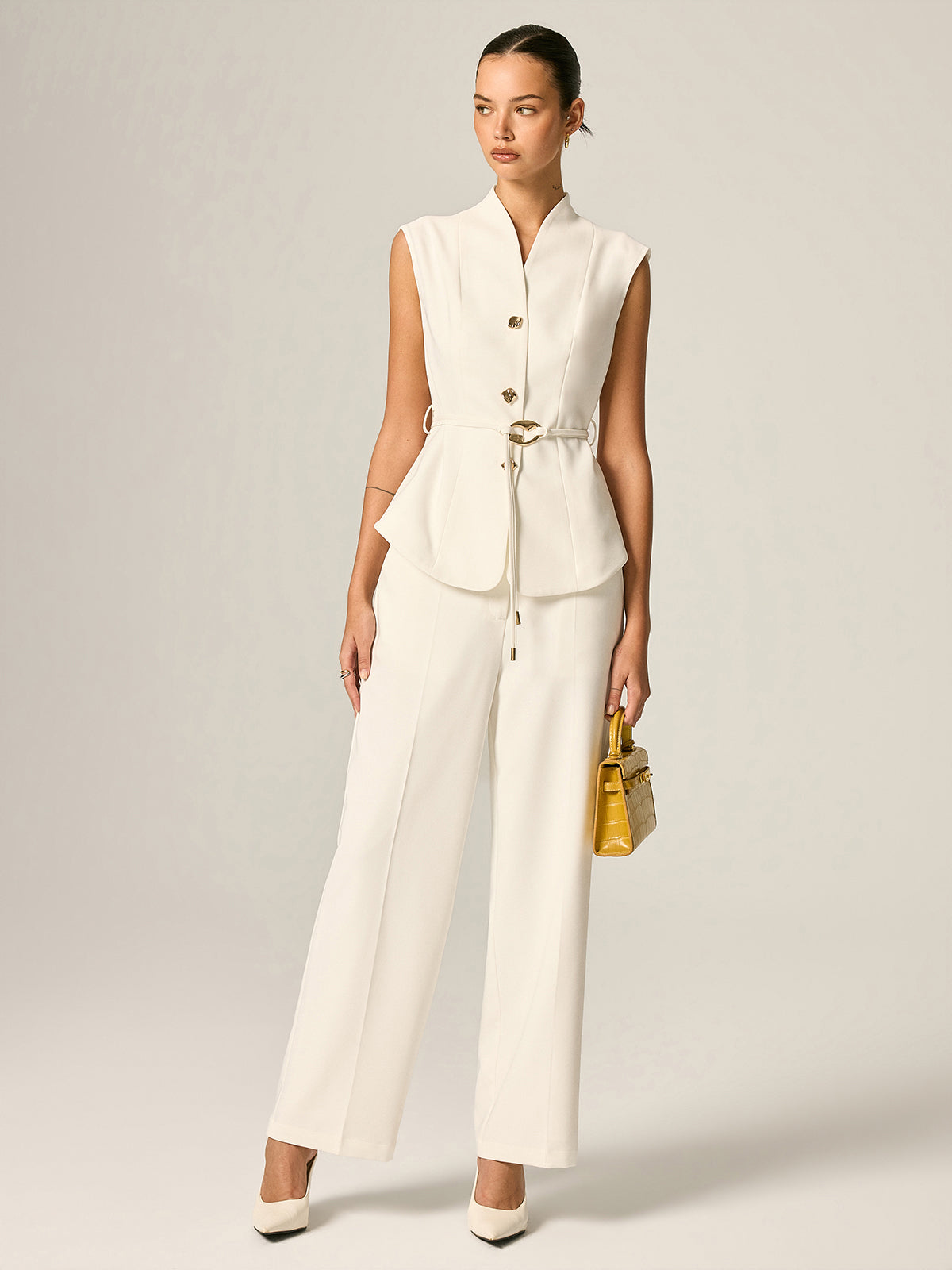 Stand Collar Belted Vest & Pants Set for Women - Stylish Office Wear