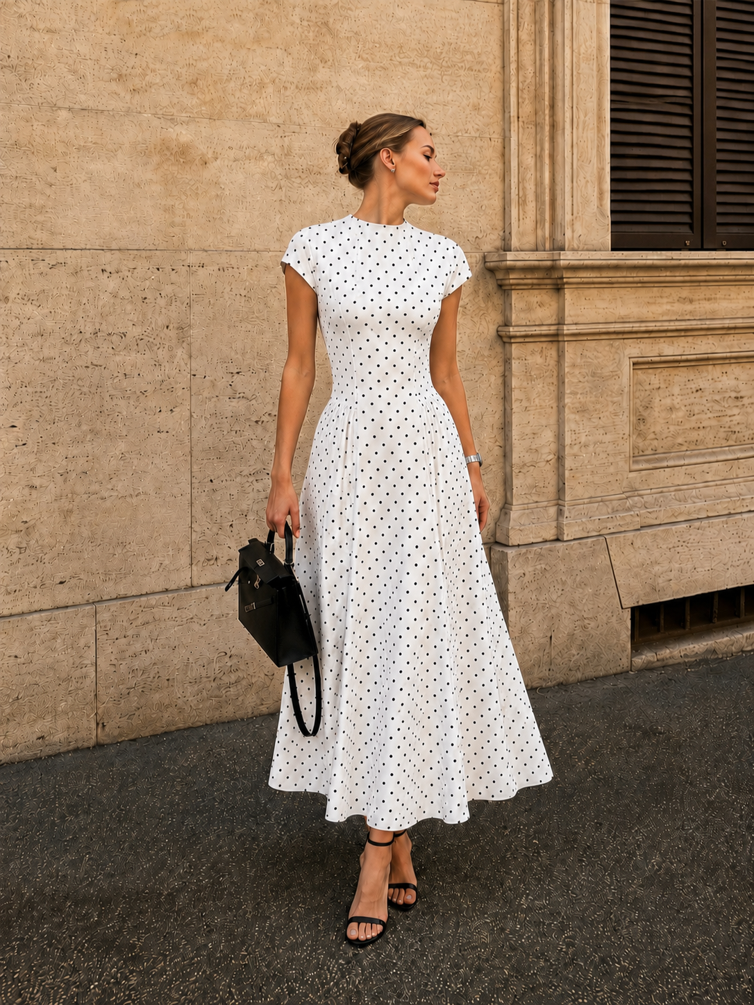Cap Sleeve Polka Dot Fit Flare Maxi Dress for Women Casual Summer