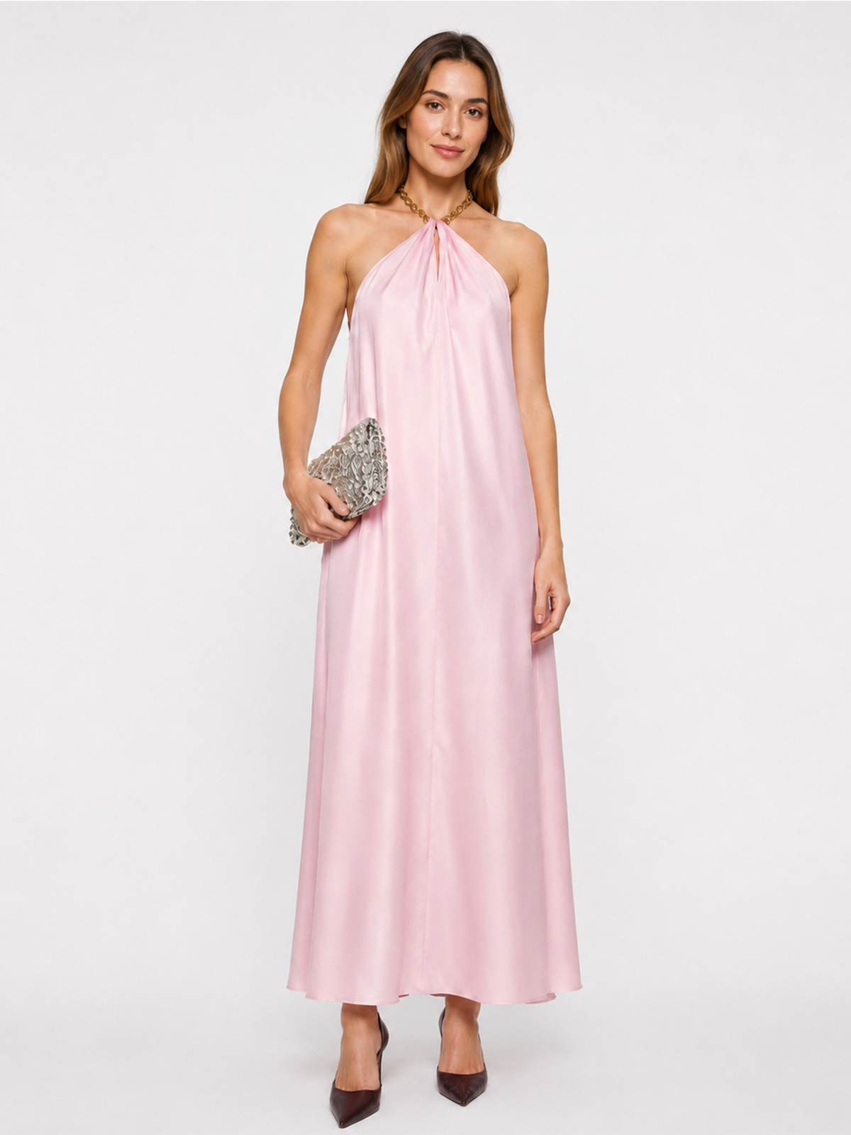 Chain Halter Satin Maxi Dress for Evening Events