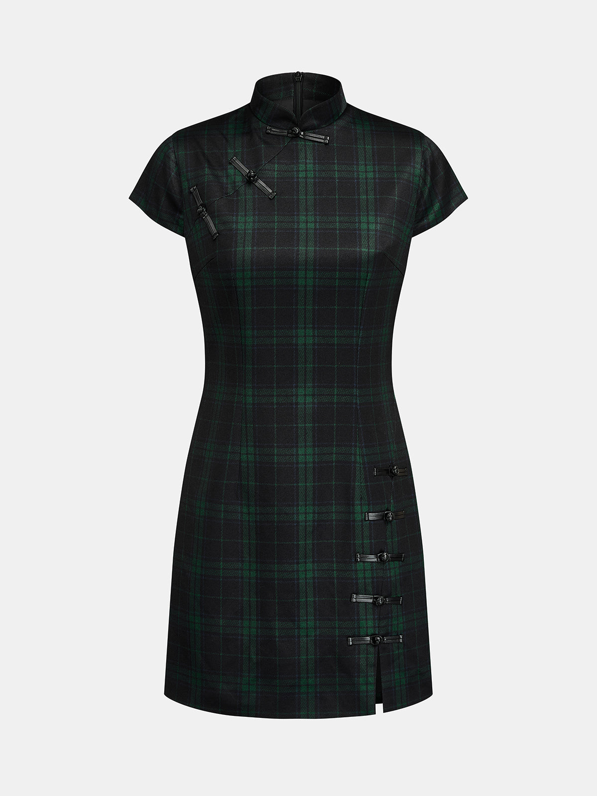 Plaid Frog Button Bodycon Mini Dress Classic Trendy Fit