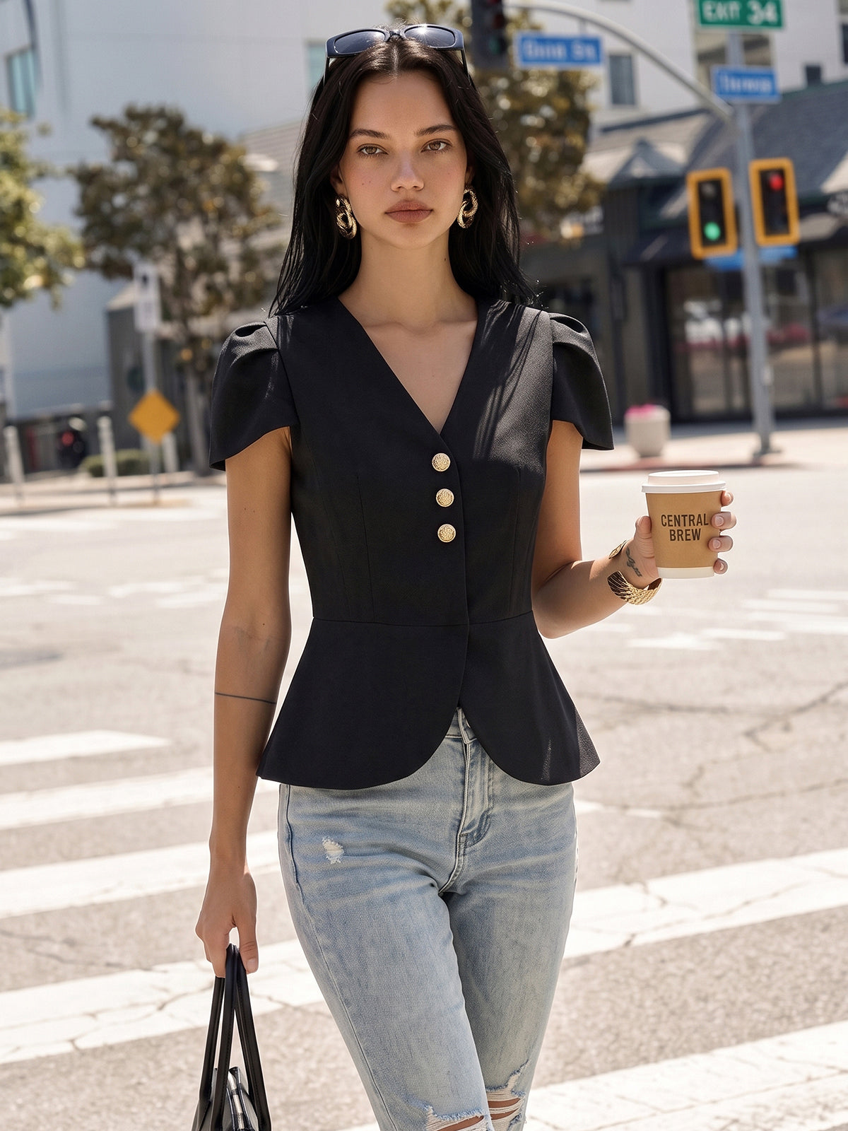 Puff Sleeve Peplum Metal Button Elegant Blouse for Women