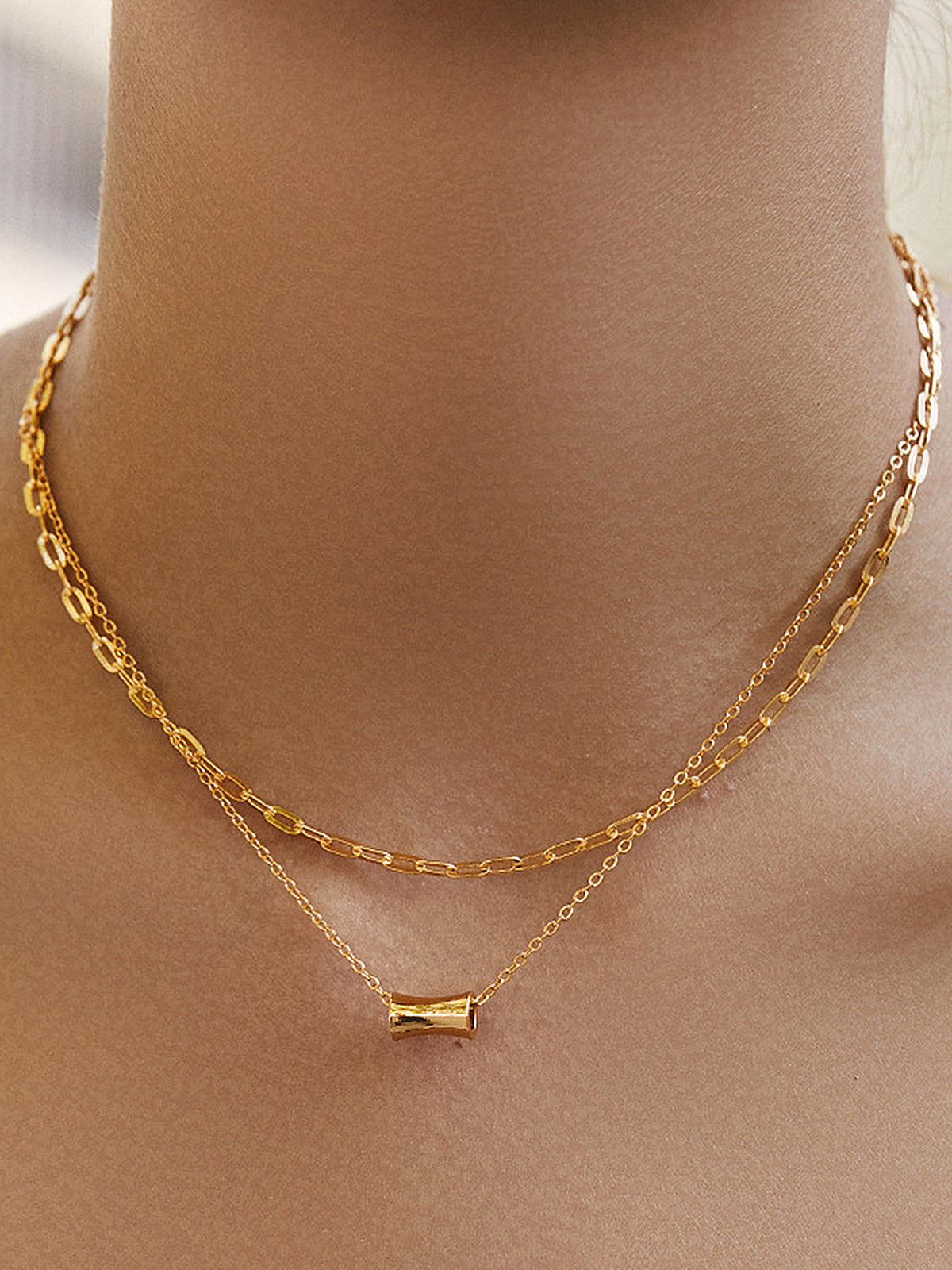Double Layer Cylinder Pendant Necklace Unisex Stainless Steel Chain