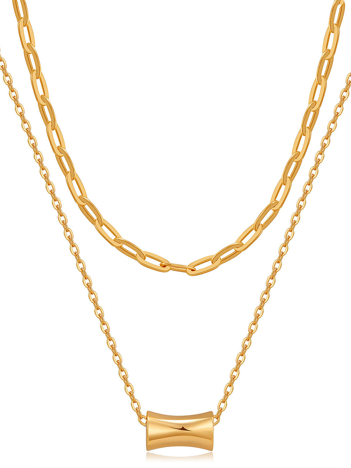 Double Layer Cylinder Pendant Necklace Unisex Stainless Steel Chain