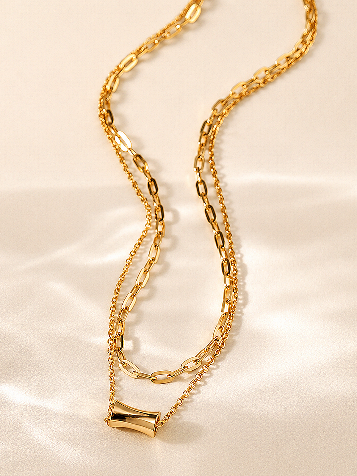 Double Layer Cylinder Pendant Necklace Unisex Stainless Steel Chain
