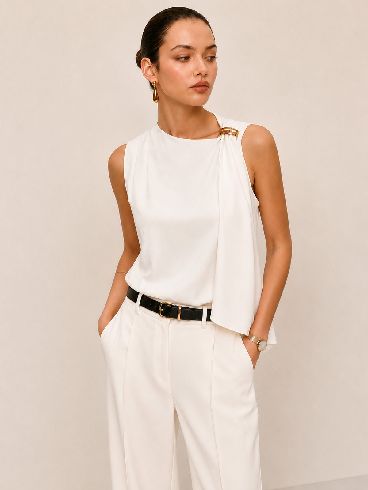 Metal Detail Sleeveless Flowy Blouse for Women Elegant Casual Wear