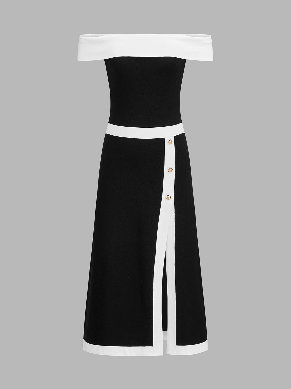 Off Shoulder Button Split Midi Dress With Belted Waist for Women