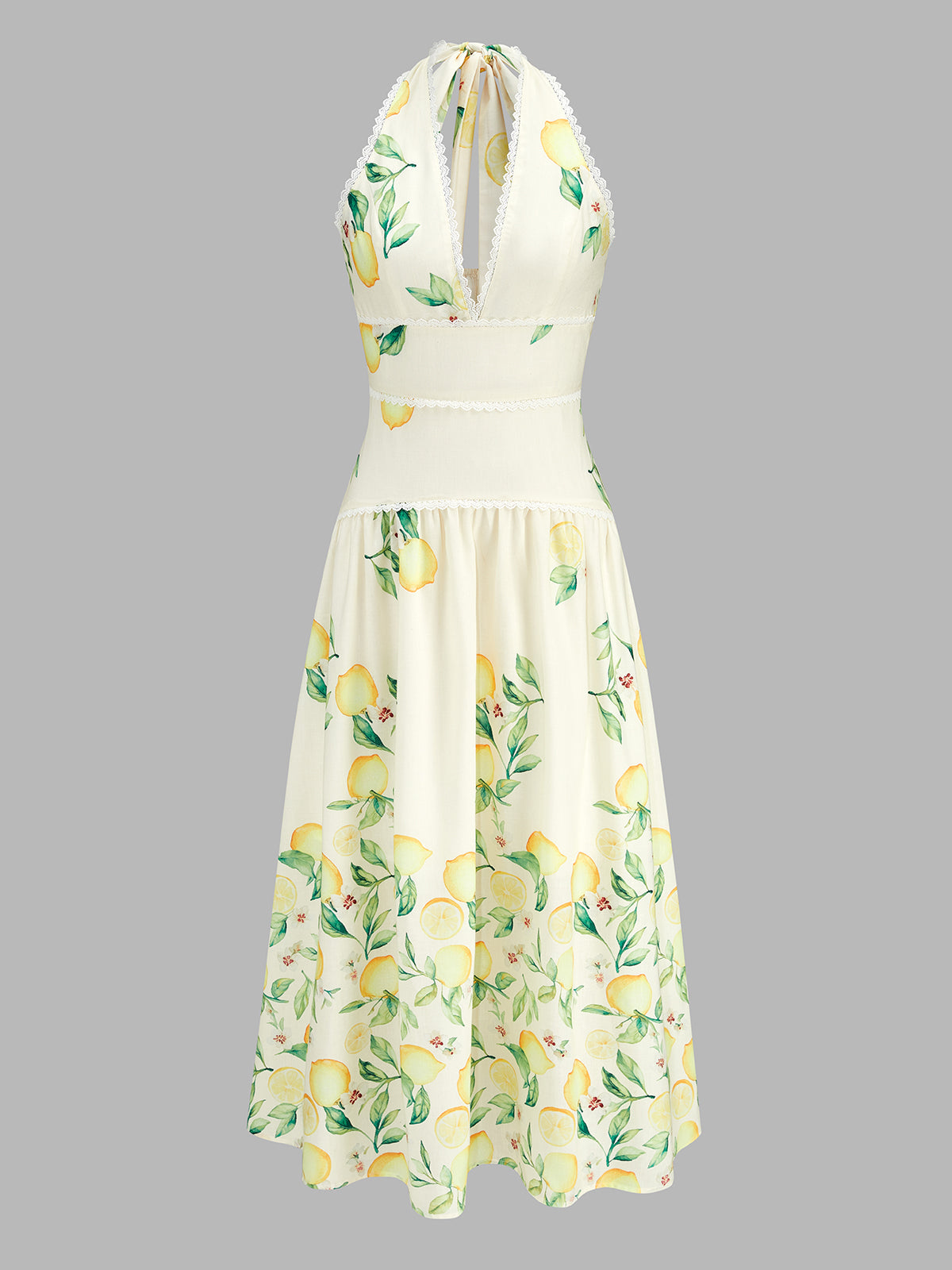 Lemon Print Halter Lace Trim Flared Midi Dress with Backless Design