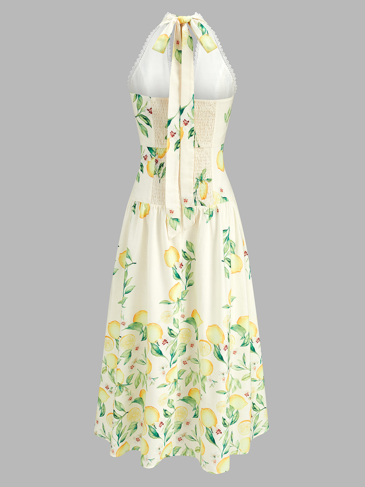 Lemon Print Halter Lace Trim Flared Midi Dress with Backless Design