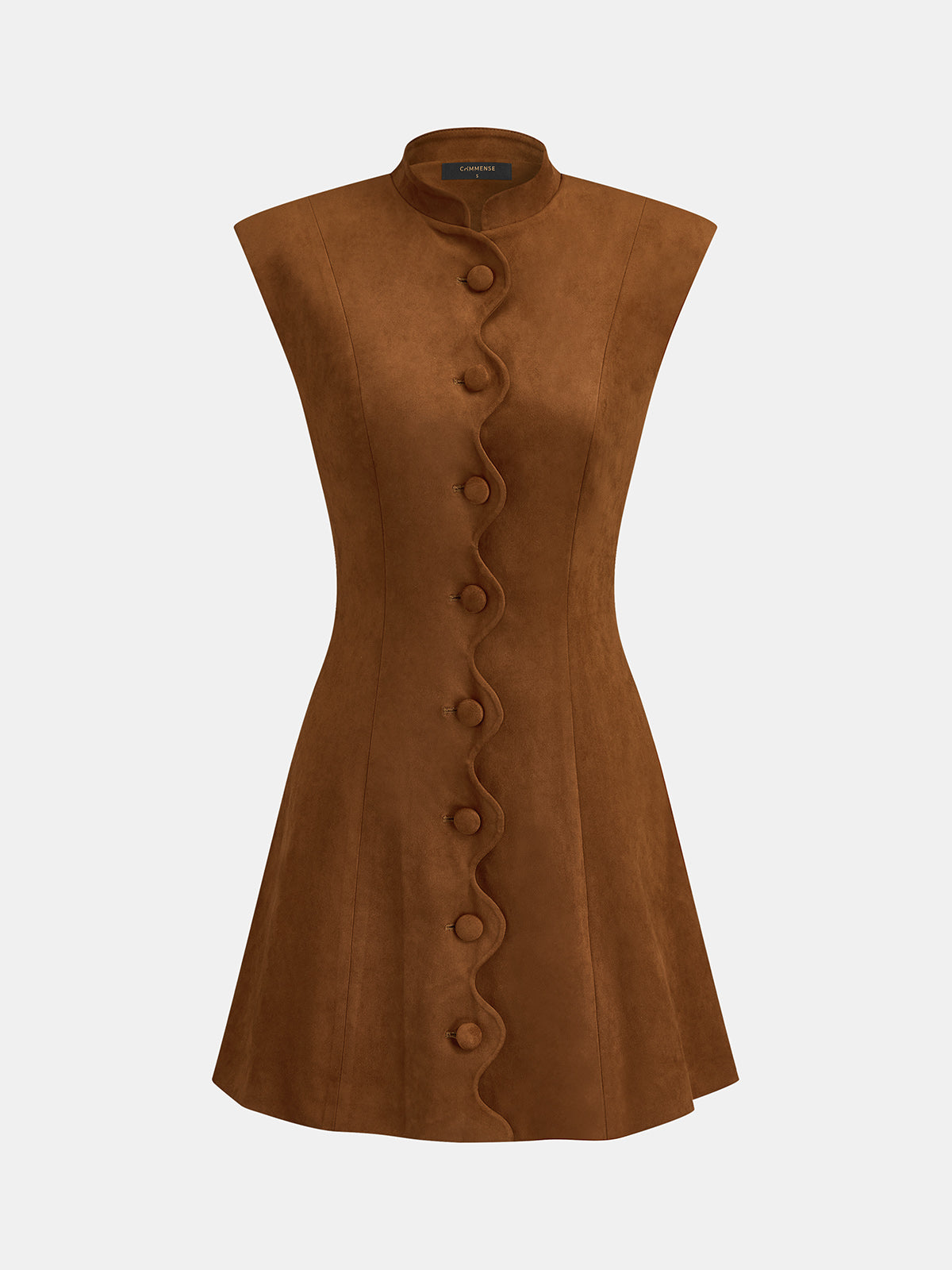 Wave Placket Stand Collar Suede Effect Women's Elegant Casual Dress