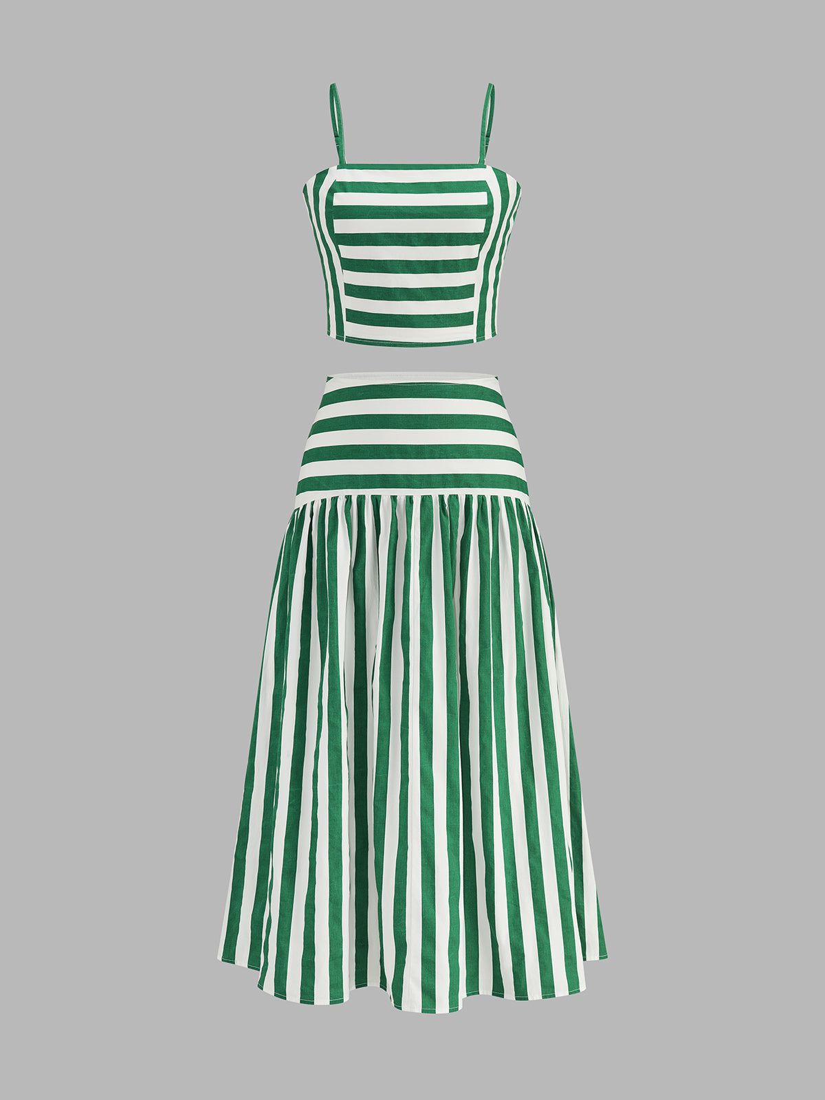 Striped Cotton Two Piece Midi Skirt Set with Tie Waist Detail