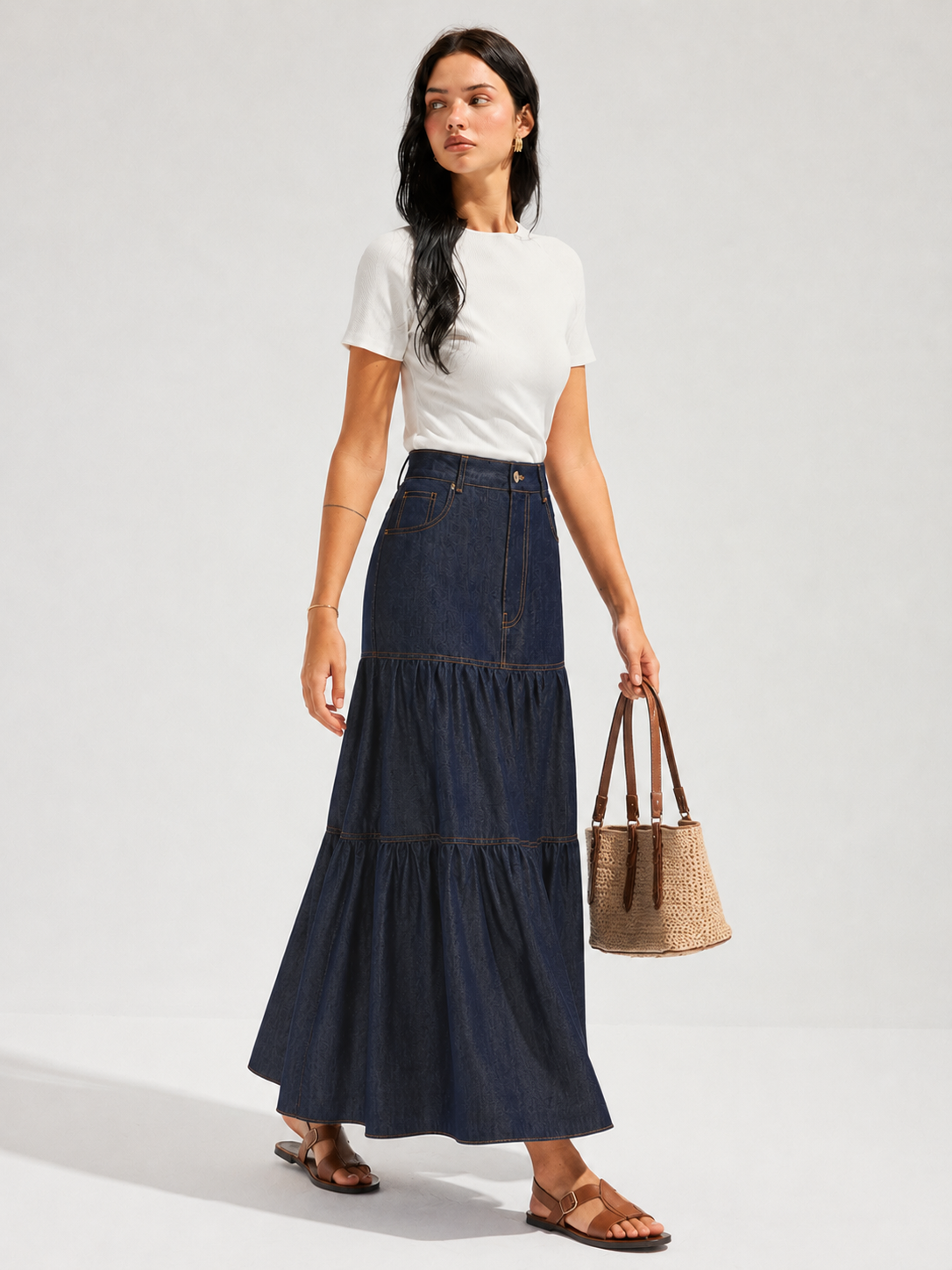 Layered Flowy Denim Maxi Skirt for Women Casual Style
