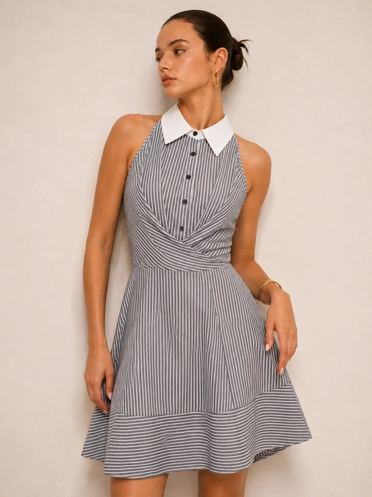 Contrast Collar Halter Striped Mini Dress for Women Casual Summer Style