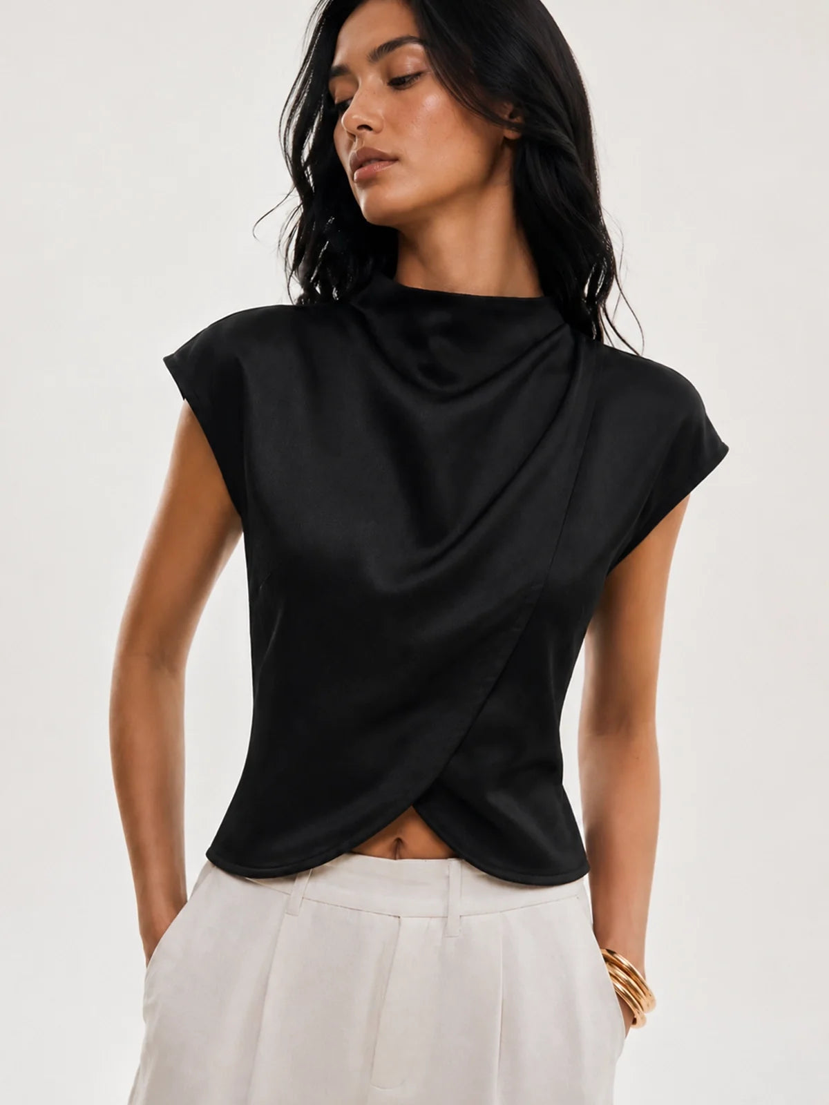 Draped Satin Cap Sleeve Blouse Elegant Women's Fashion Top