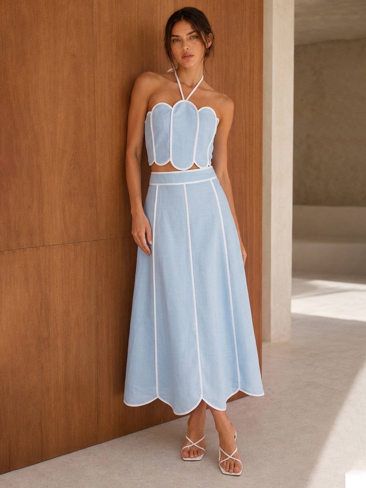 Scallop Trim Halter Crop Top & High-Waisted Skirt Set for Women
