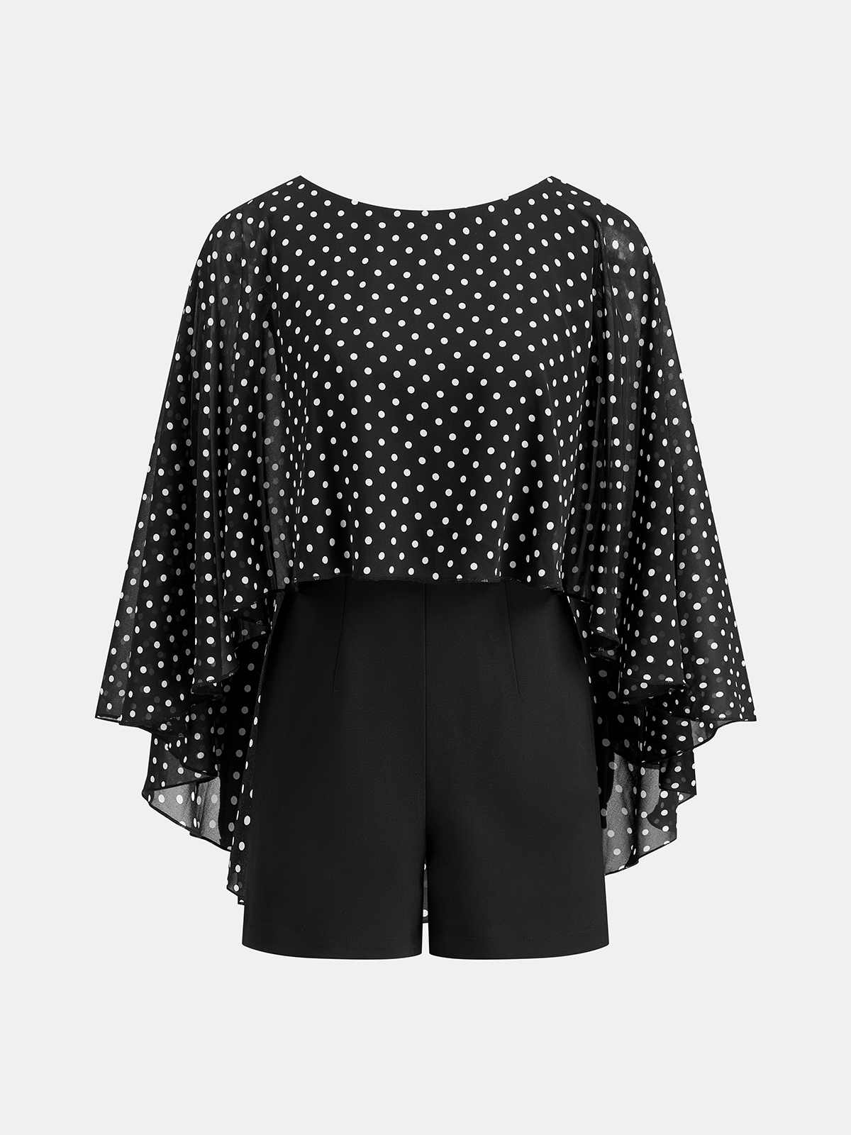 Polka Dot Cape Chiffon Romper with Belted Waist Detail