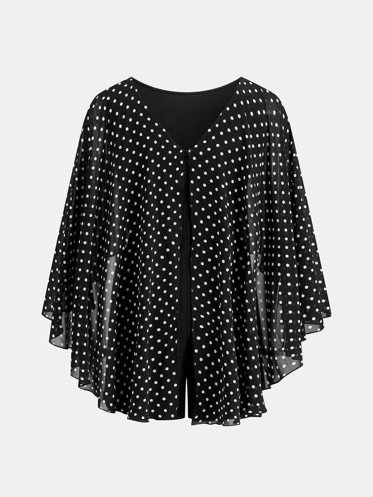 Polka Dot Cape Chiffon Romper with Belted Waist Detail