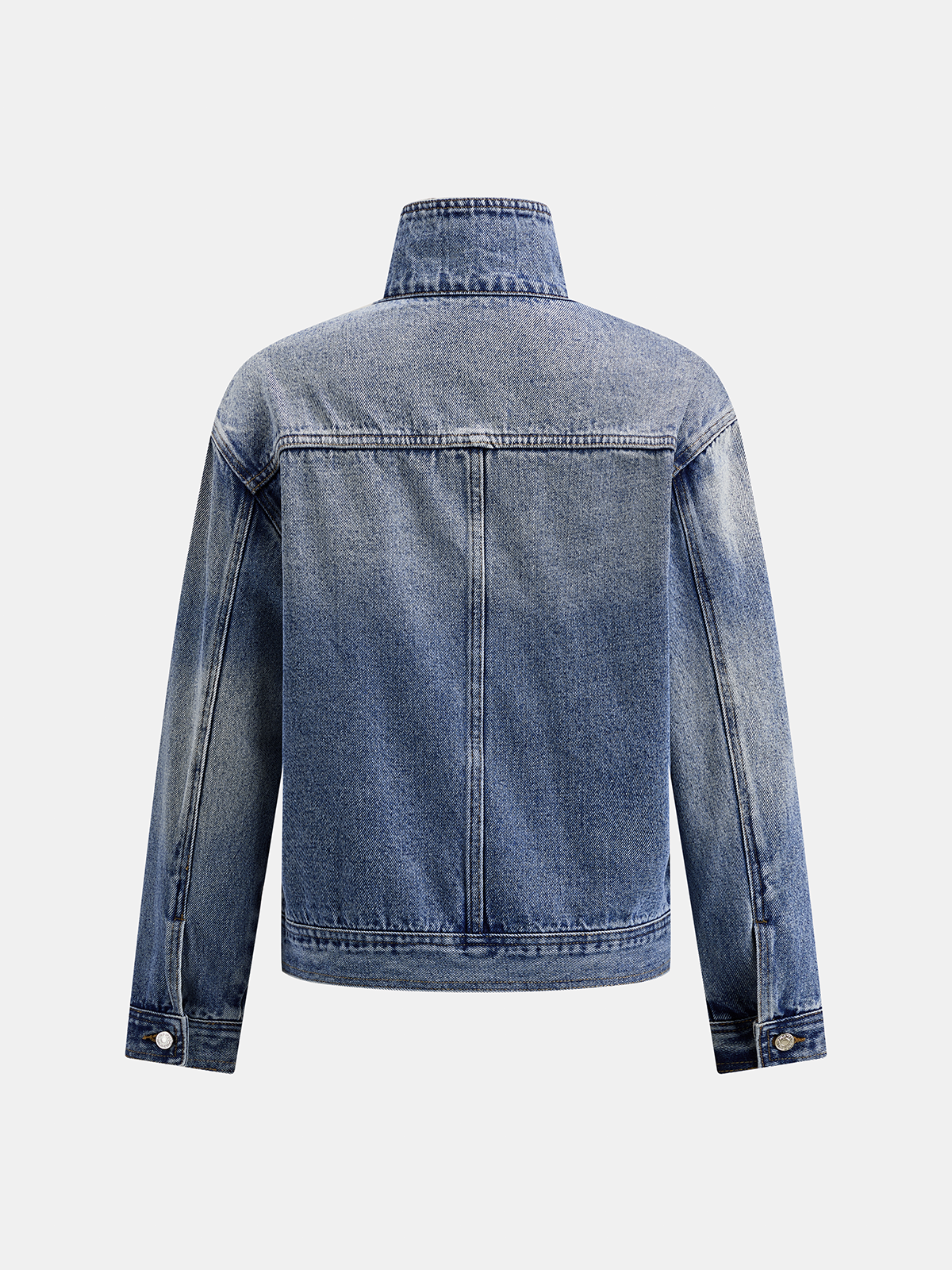 High Stand Collar Slanted Placket Denim Jacket for Men Casual Style