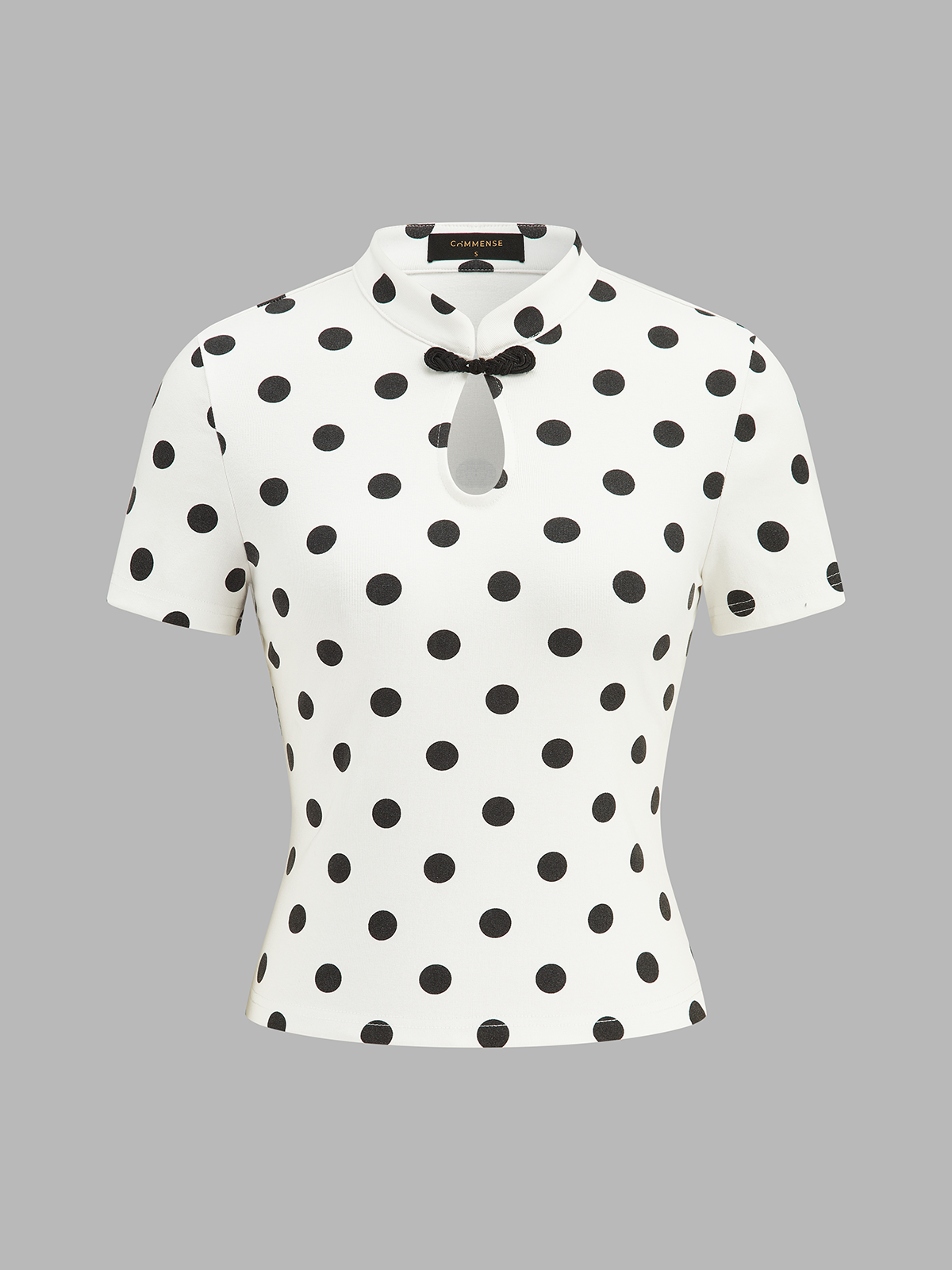 Polka Dot Mandarin Collar Short Sleeve Blouse Casual Lightweight Top
