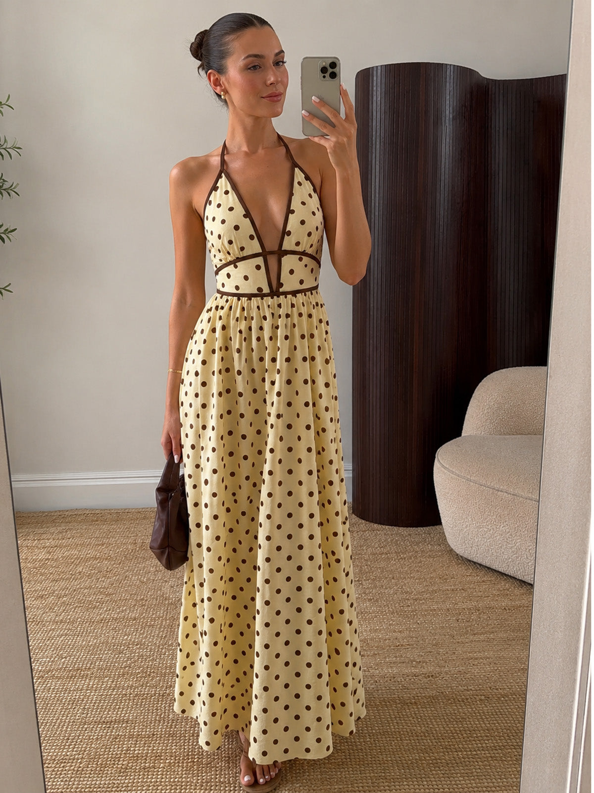 Polka Dot Halter Cotton Linen Midi Dress for Summer Casual Wear
