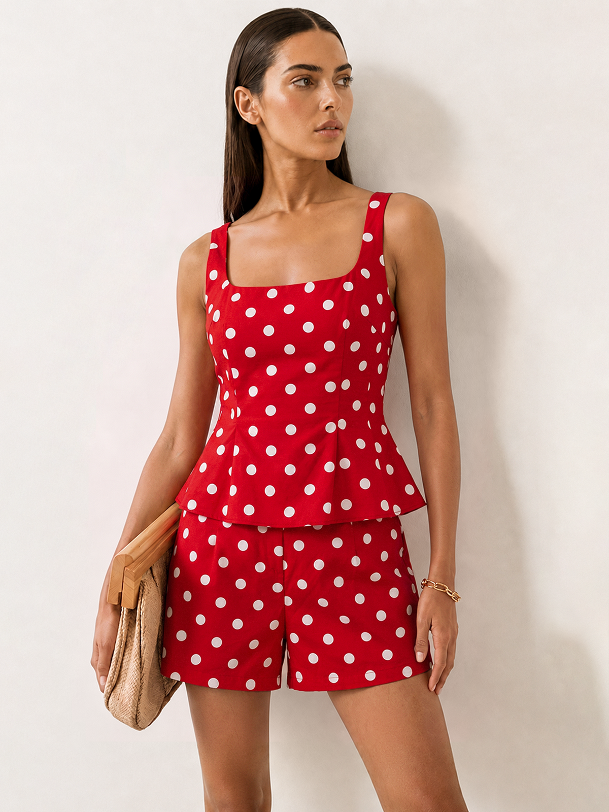 Polka Dot Cotton Linen Two Piece Casual Summer Shorts Set for Women