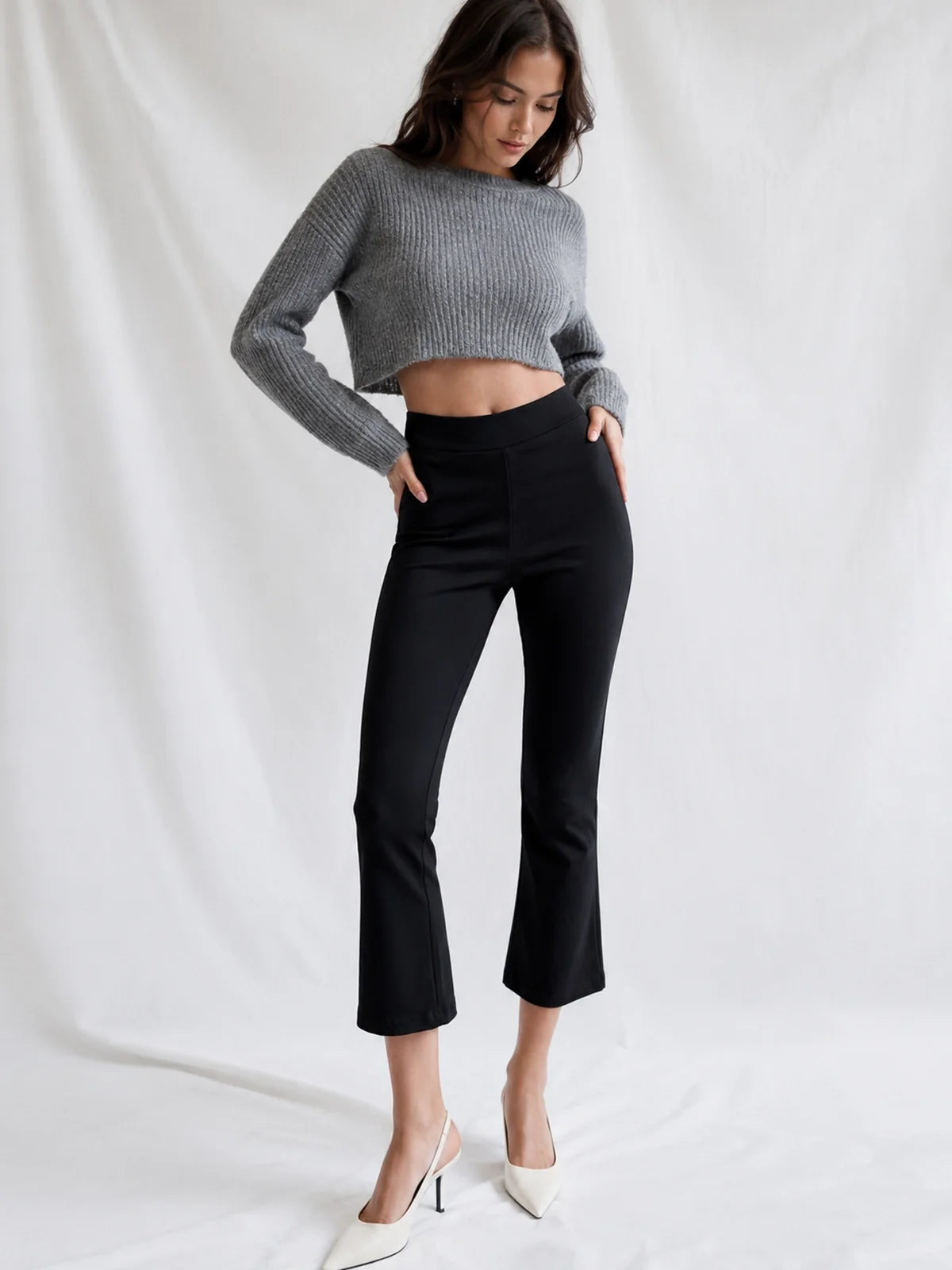 Stretchy Mid Waist Flared Capri Pants for Women Casual Wear