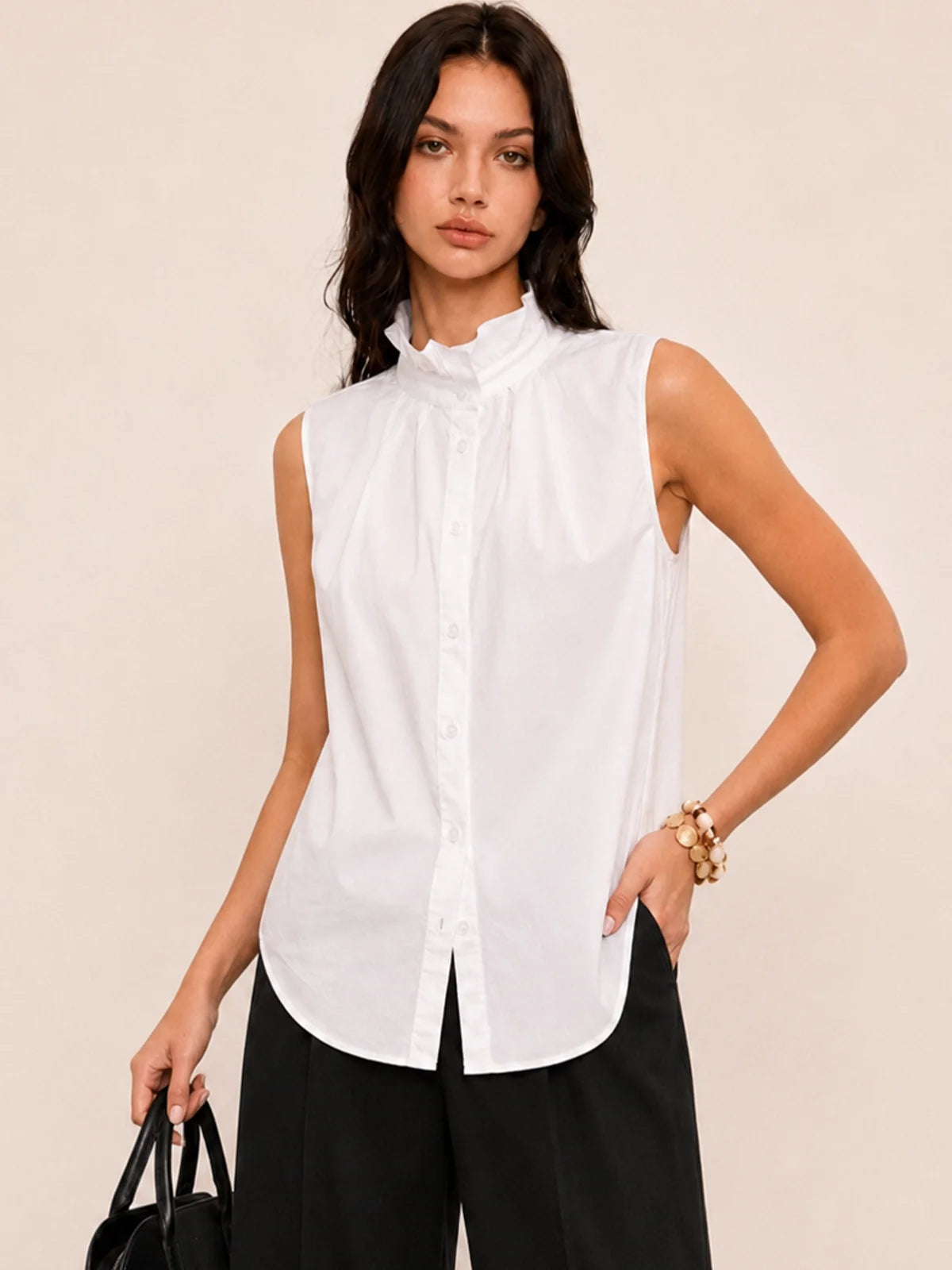Ruffle Collar Sleeveless Button Blouse Women's Elegant Top