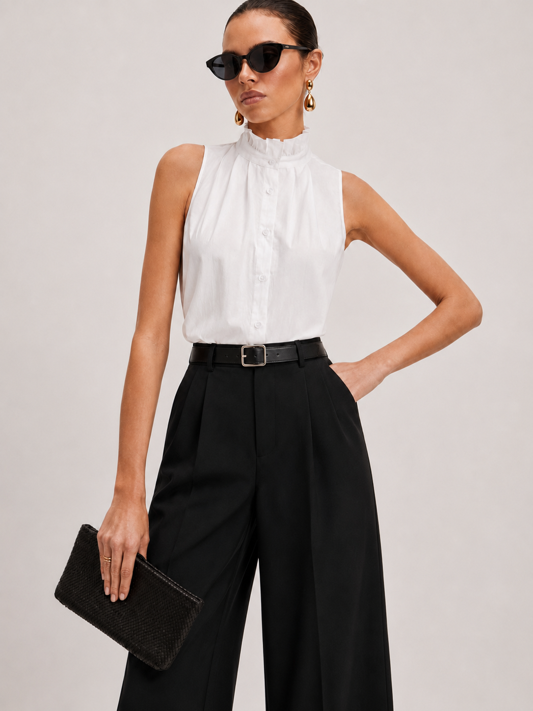 Ruffle Collar Sleeveless Button Blouse Women's Elegant Top