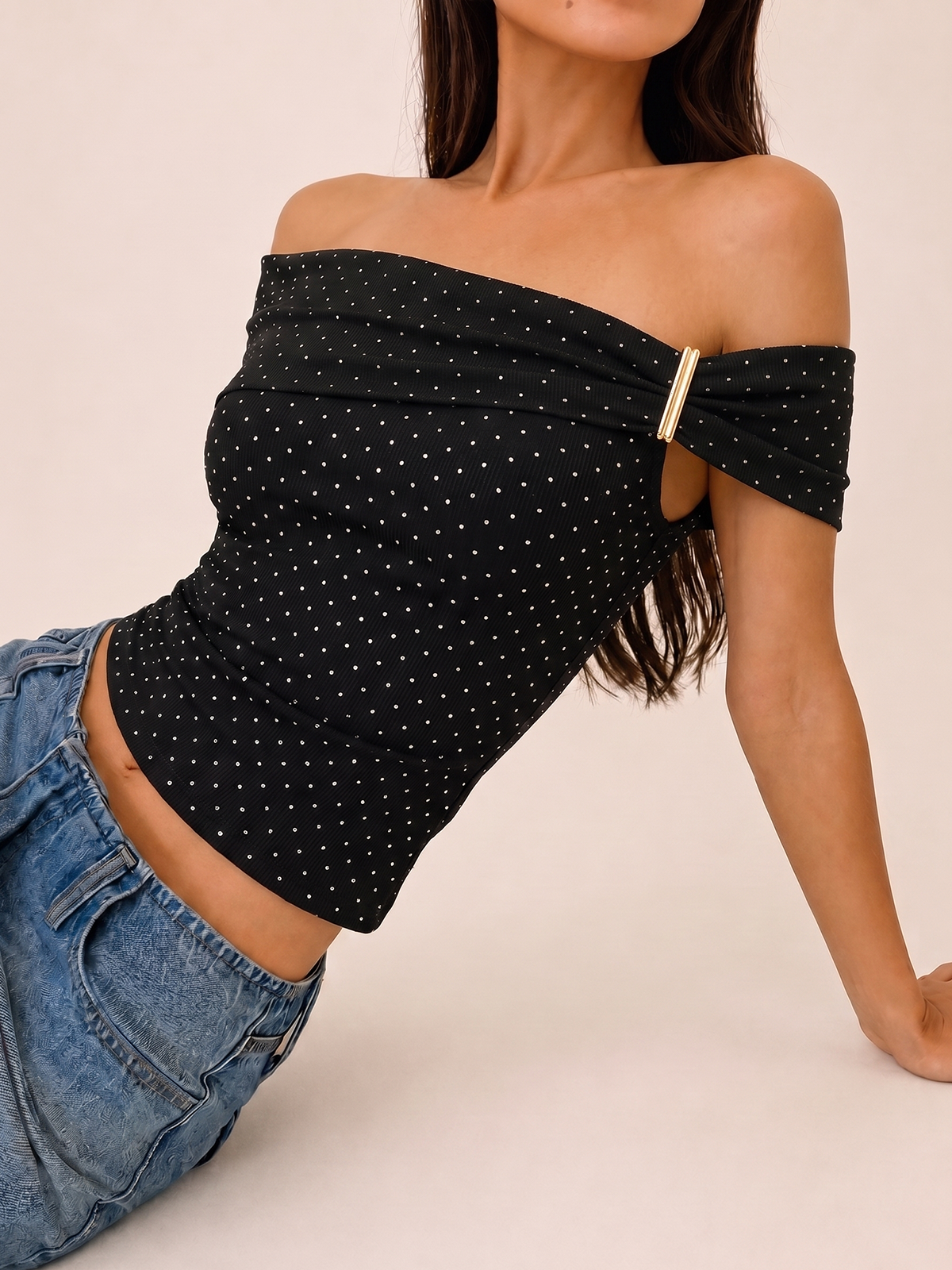 Detachable Metal Polka Dot Off Shoulder Top Women's Trendy Fashion