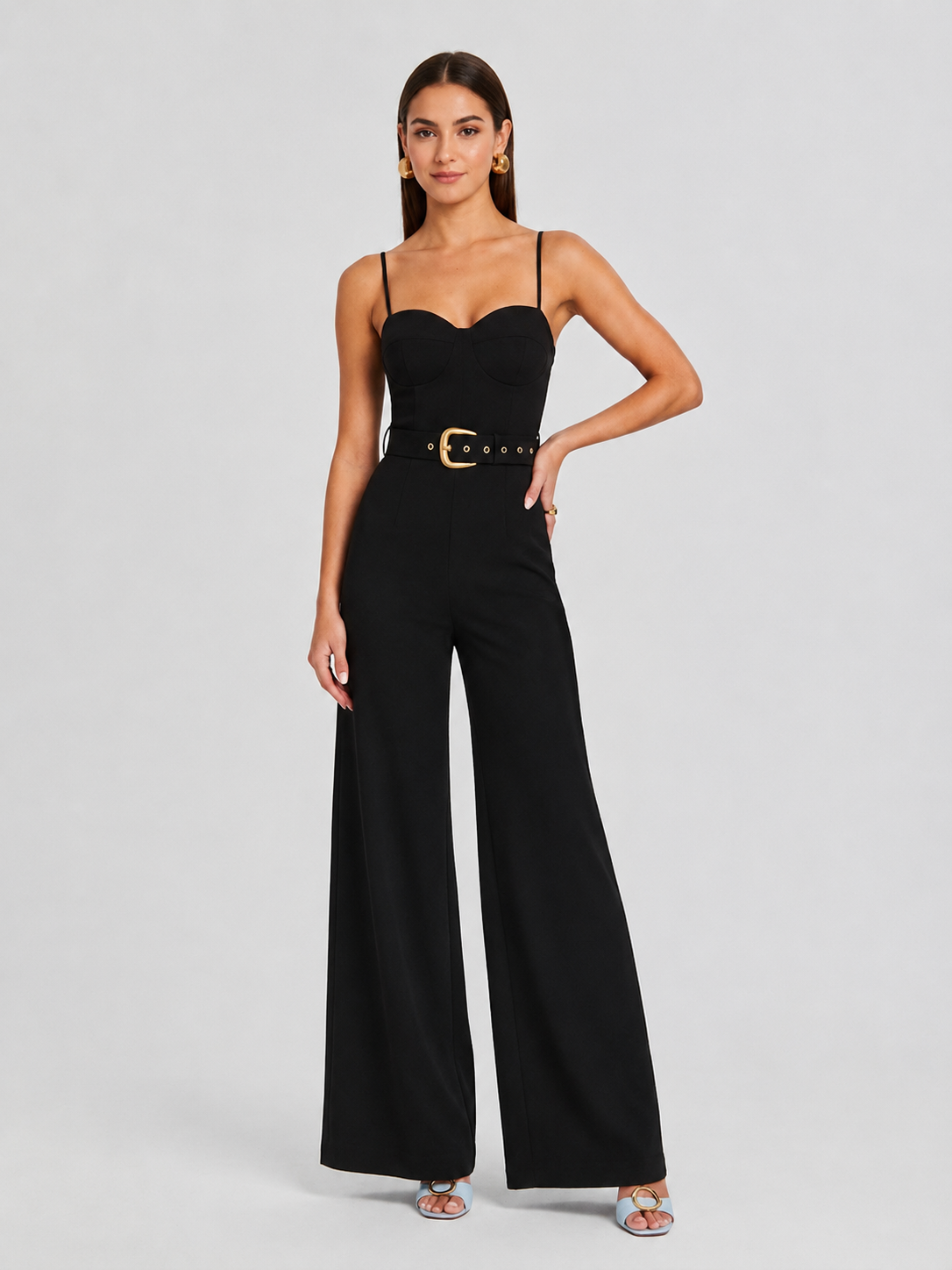 Belted Cami Wide Leg Jumpsuit with Pockets and Adjustable Straps