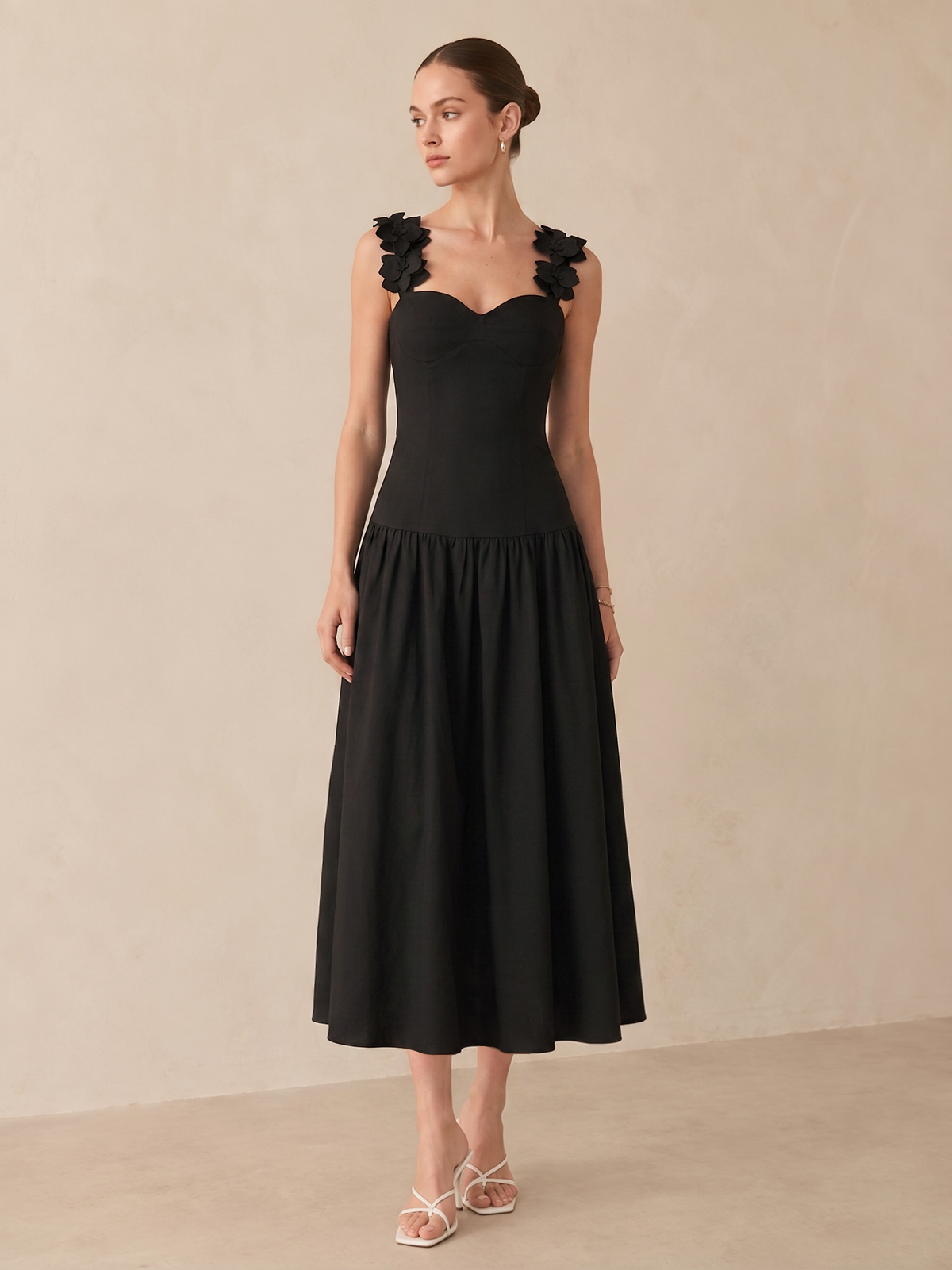 Flower Strap Cotton Linen Midi Dress With Back Zip Closure