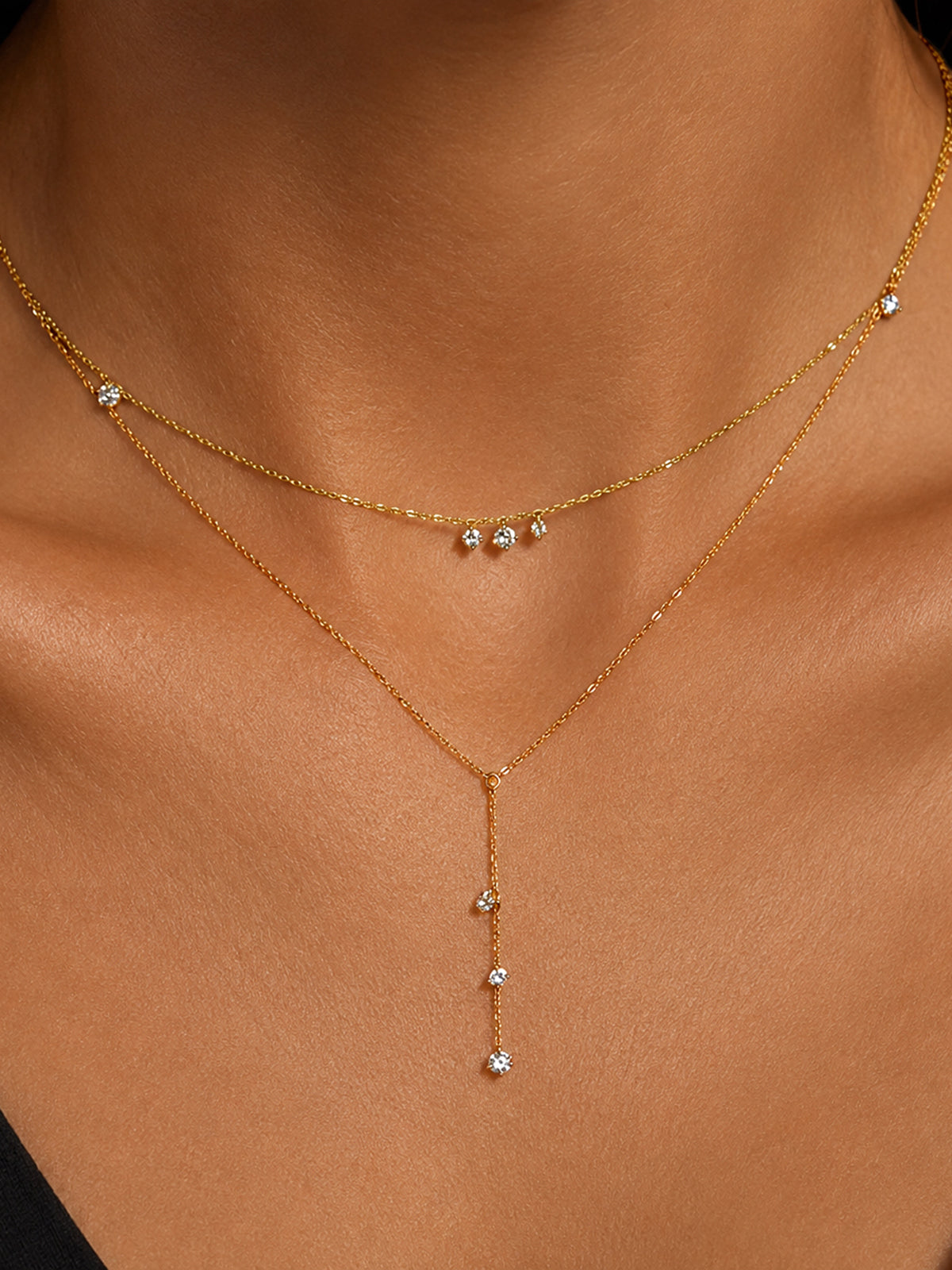 Double Layer Dainty Crystal Y Drop Necklace, Elegant Adjustable Lariat Style