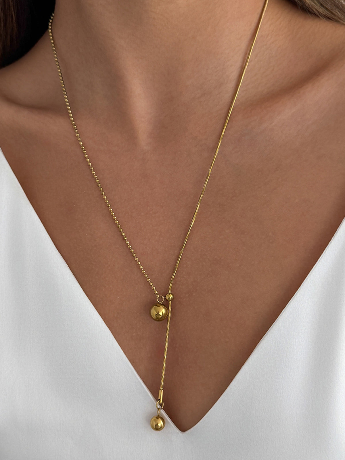 Two Ball Slider Lariat Gold Y Necklace, Elegant Adjustable Chain Design