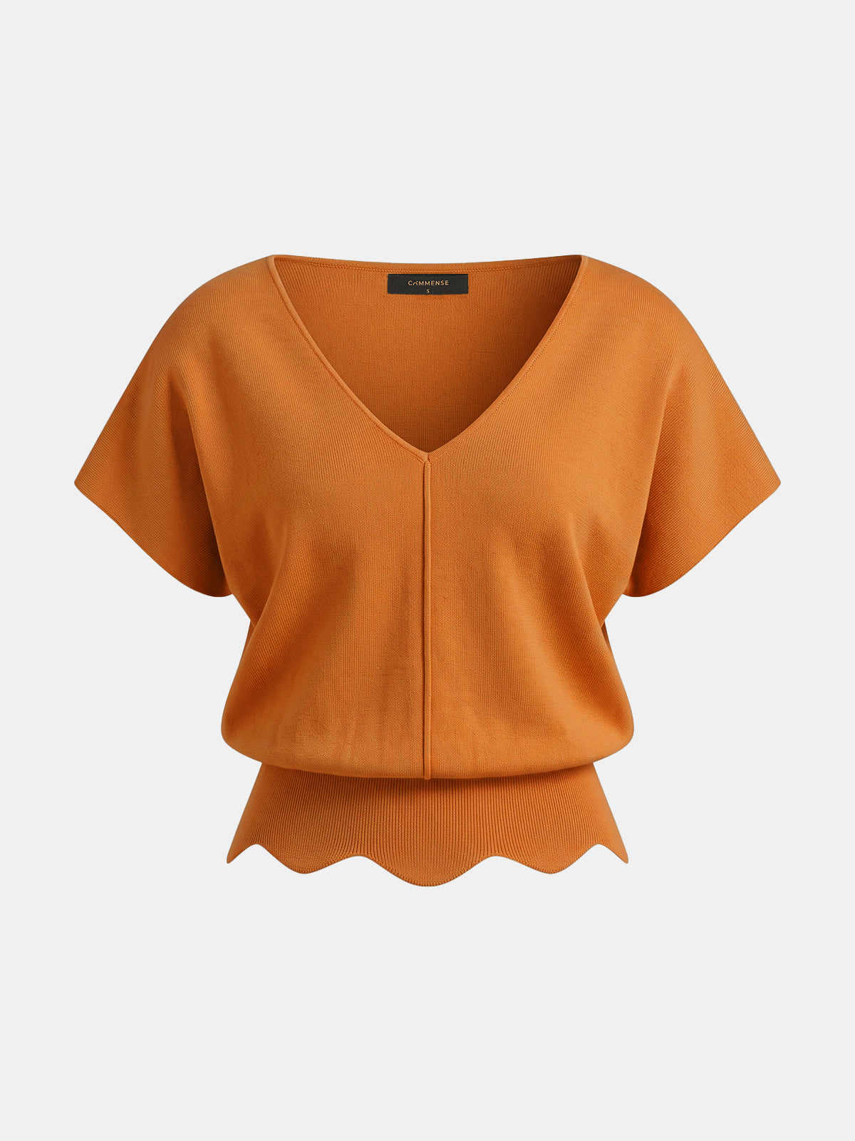 V-Neck Scalloped Hem Knit Top Women's Casual Pullover Sweater