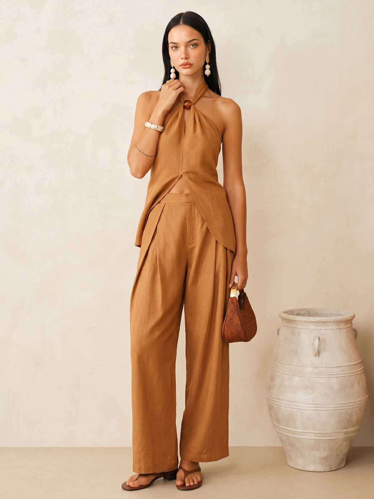 Linen-Blend Halter Top & Pants Set for Stylish Summer Wear